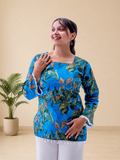 Women's Pure Cotton Blue Floral Printed Square Neck Top