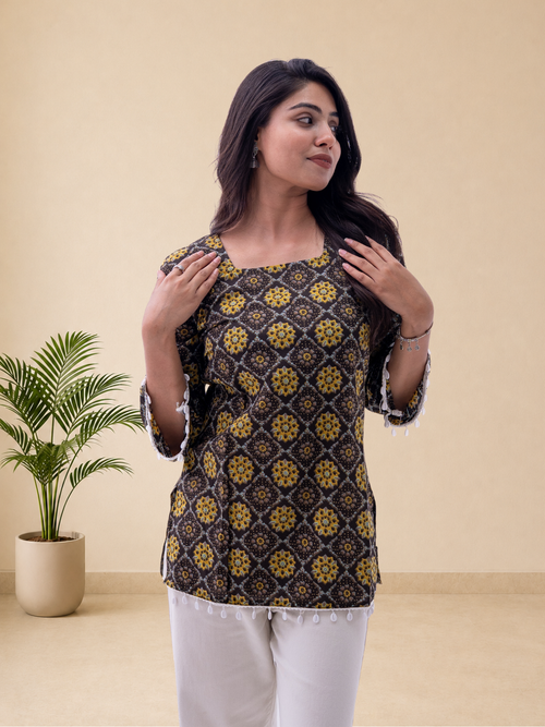 Bawri Printed 100% Cotton Straight Kurti with Bell Sleeves