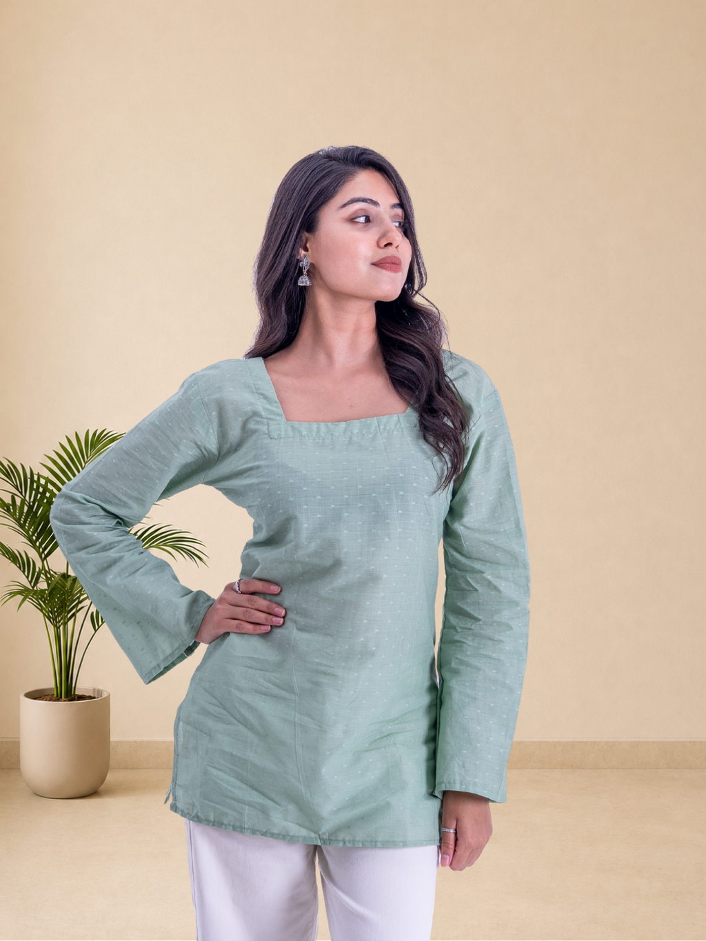 Women's Pure Cotton Sage Green Square Neck Top | Full Sleeves