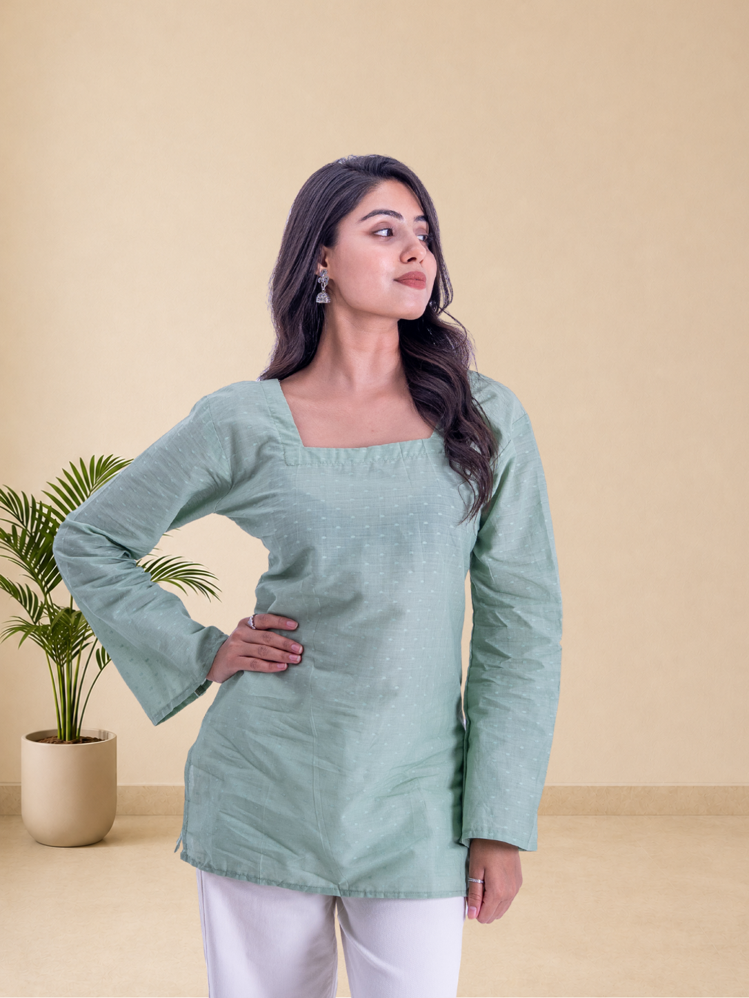 Women's Pure Cotton Sage Green Square Neck Top | Full Sleeves