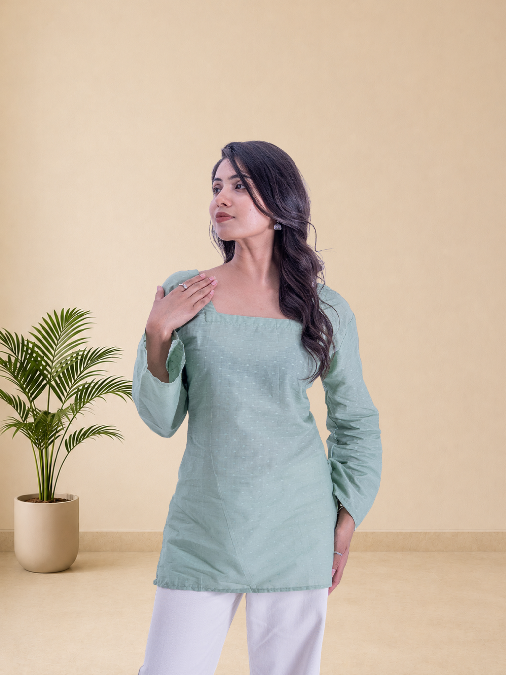 Women's Pure Cotton Sage Green Square Neck Top | Full Sleeves