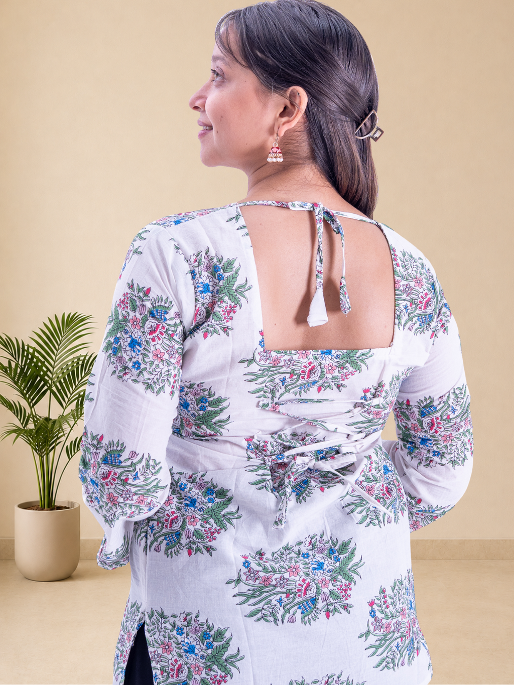 Women's Pure Cotton White Floral Printed Square Neck Top