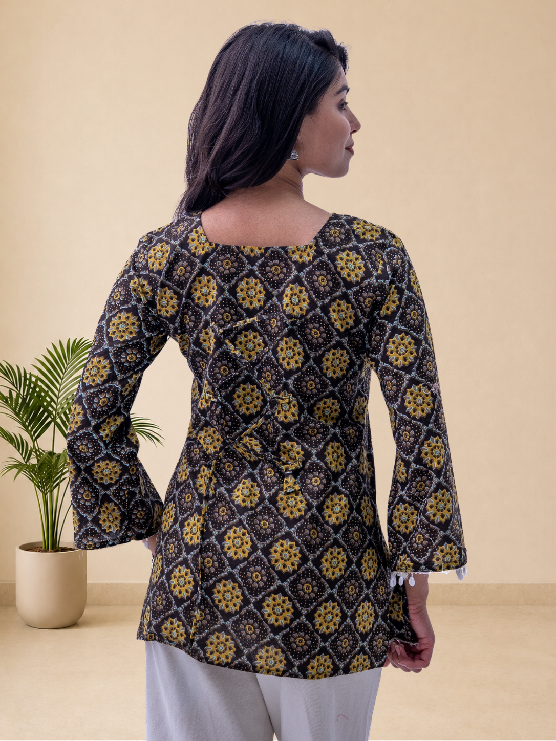 Women's Black Ethnic Printed Cotton Top | Bell Sleeves