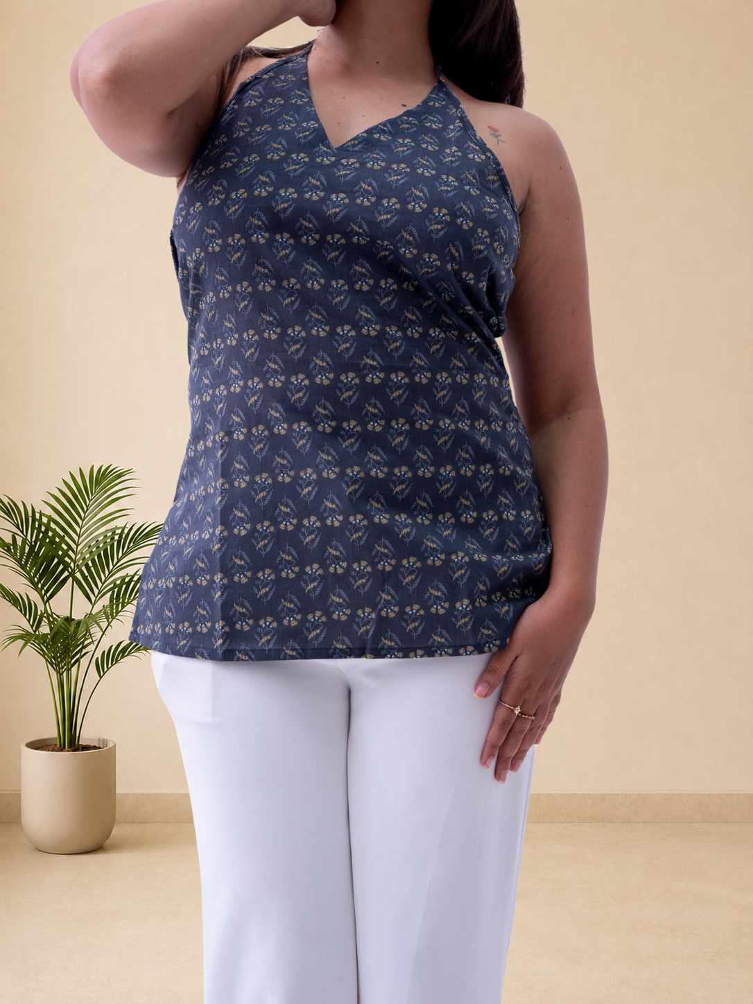 Grey Floral Printed Halter Neck Top