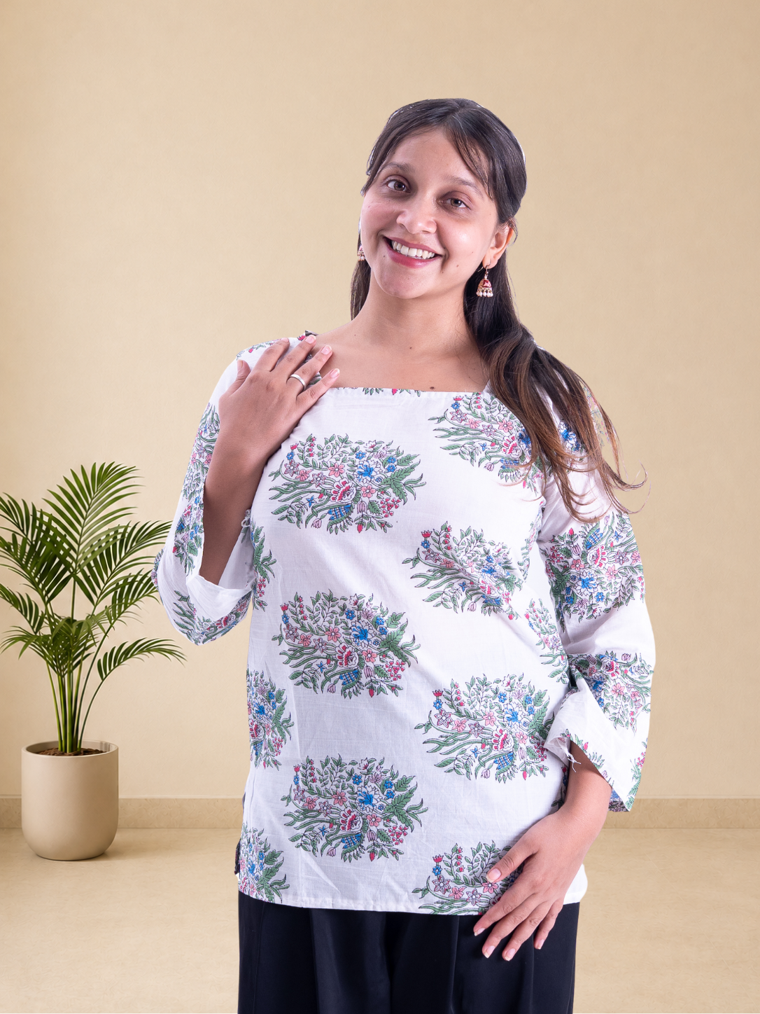 Women's Pure Cotton White Floral Printed Square Neck Top