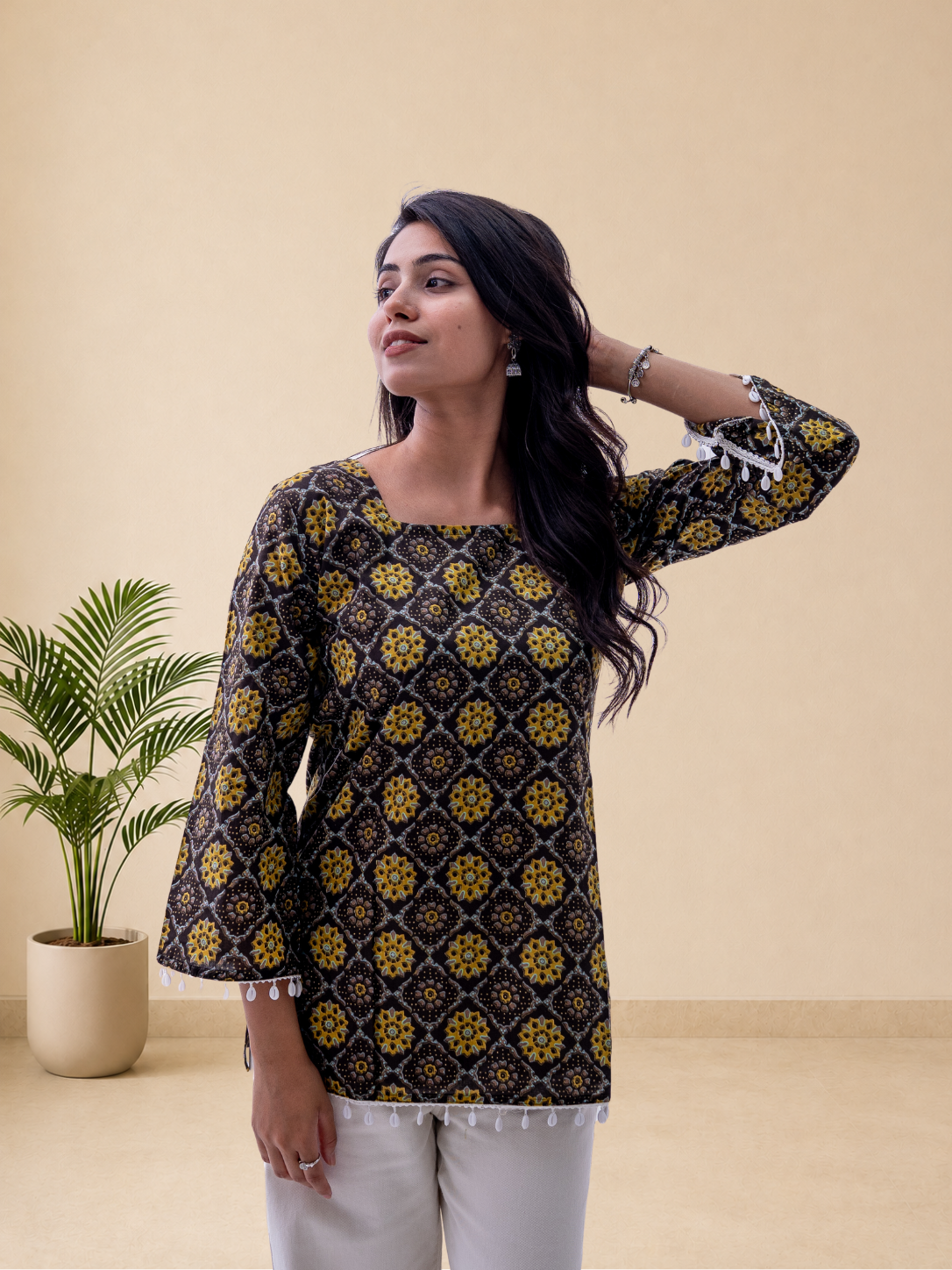 Women's Black Ethnic Printed Cotton Top | Bell Sleeves