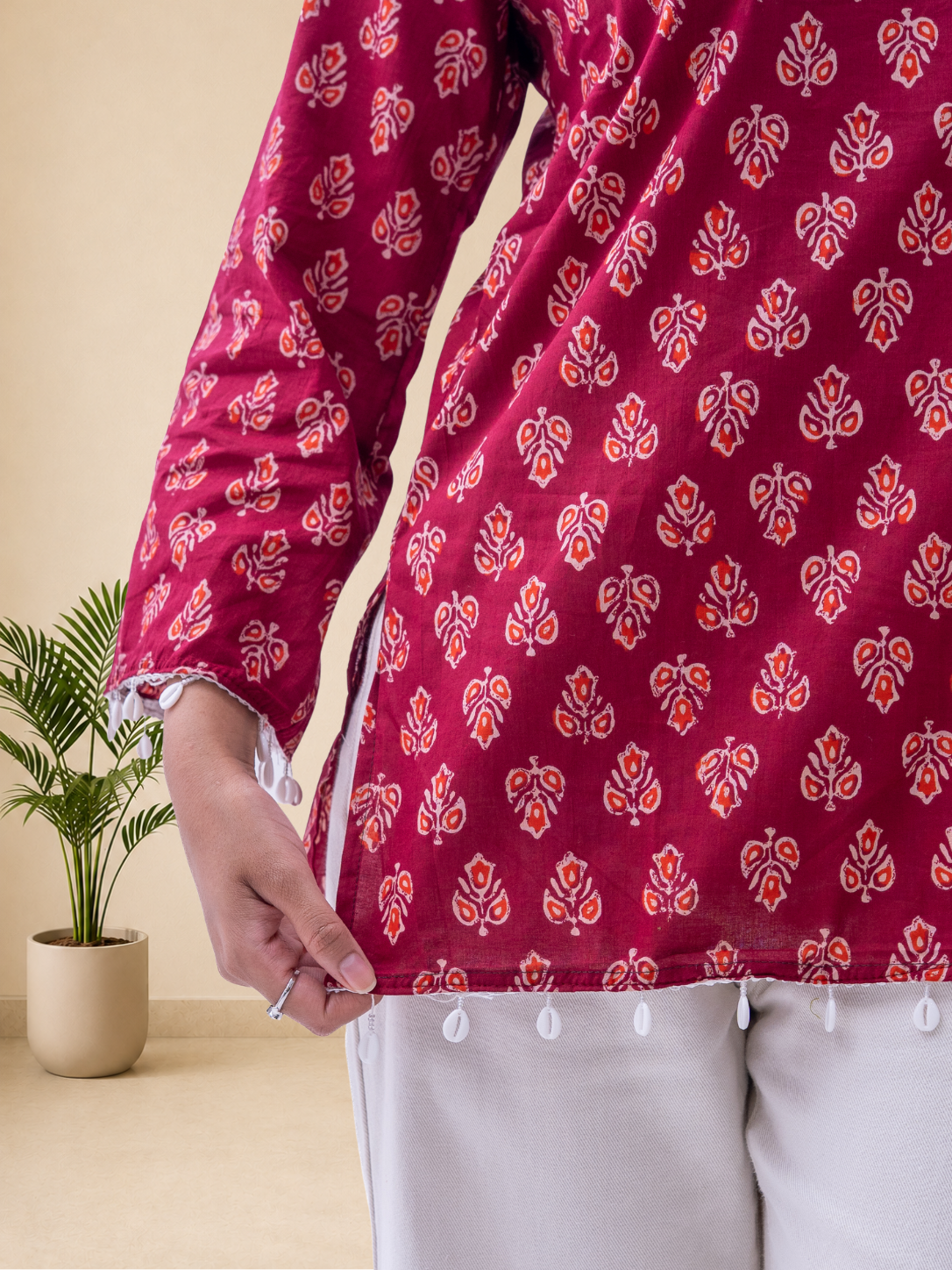 Women's Pure Cotton Maroon Printed Square Neck Top