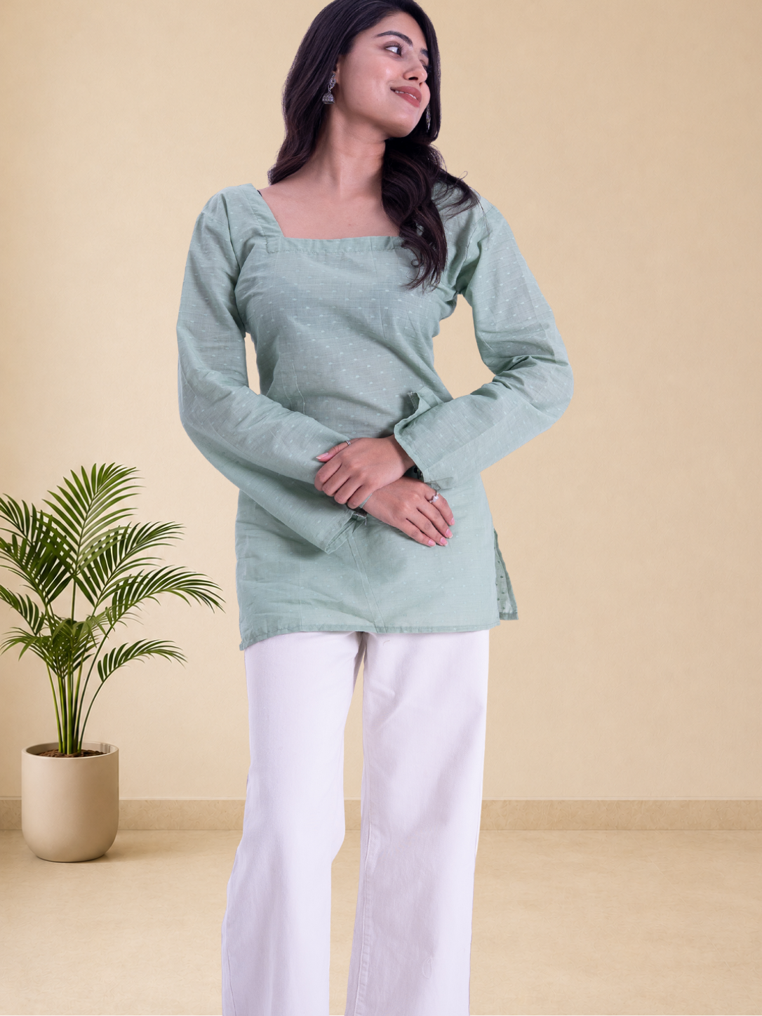 Women's Pure Cotton Sage Green Square Neck Top | Full Sleeves