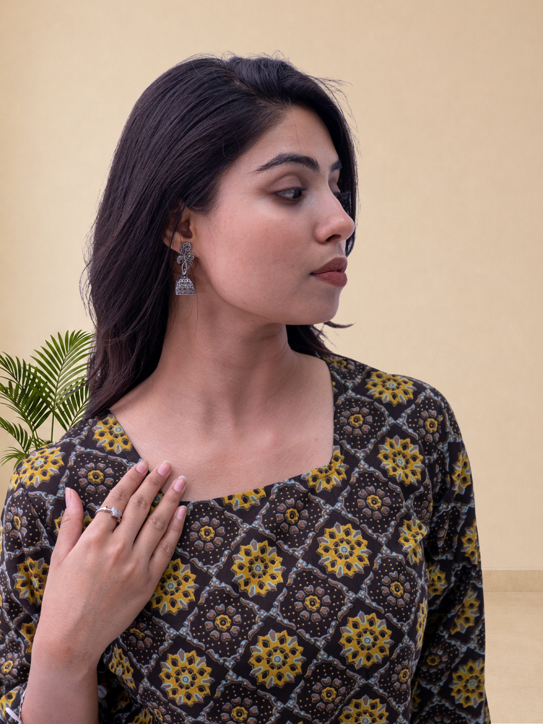 Women's Black Ethnic Printed Cotton Top | Bell Sleeves