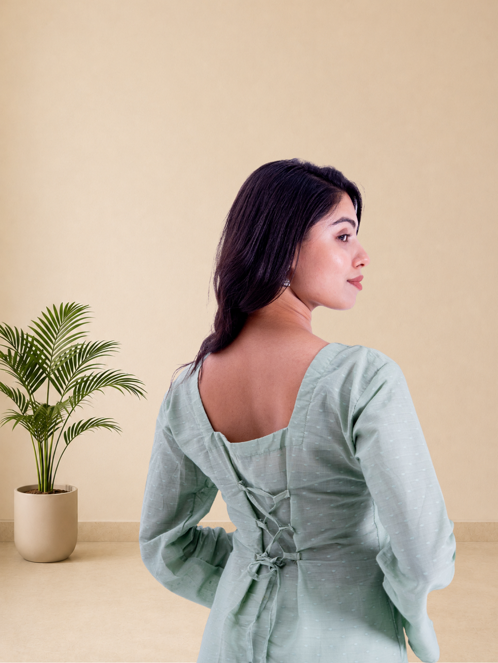 Women's Pure Cotton Sage Green Square Neck Top | Full Sleeves