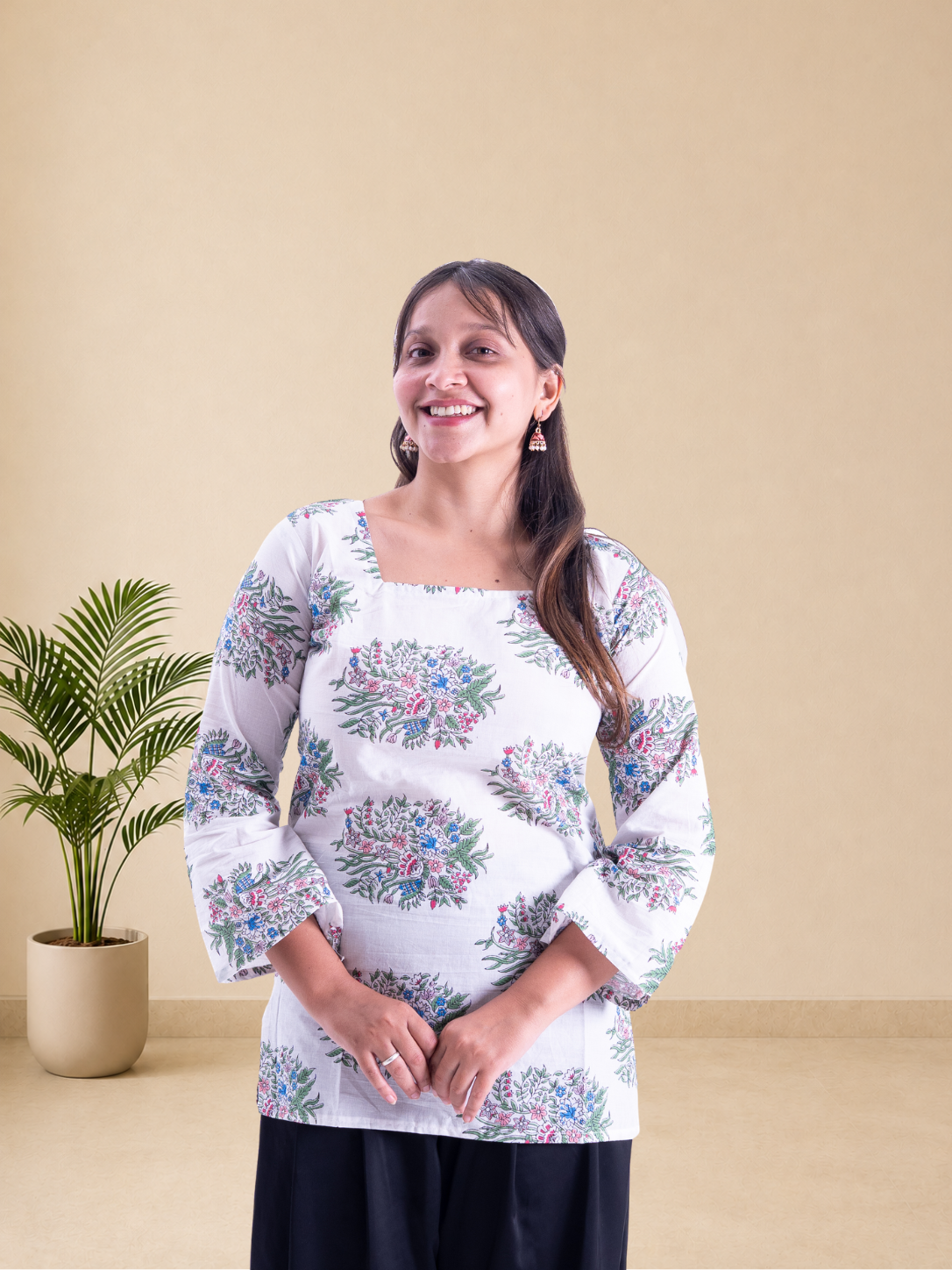 Women's Pure Cotton White Floral Printed Square Neck Top