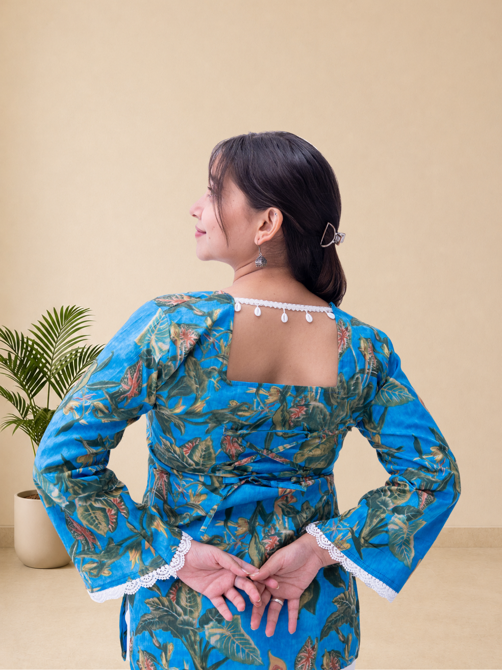 Women's Pure Cotton Blue Floral Printed Square Neck Top