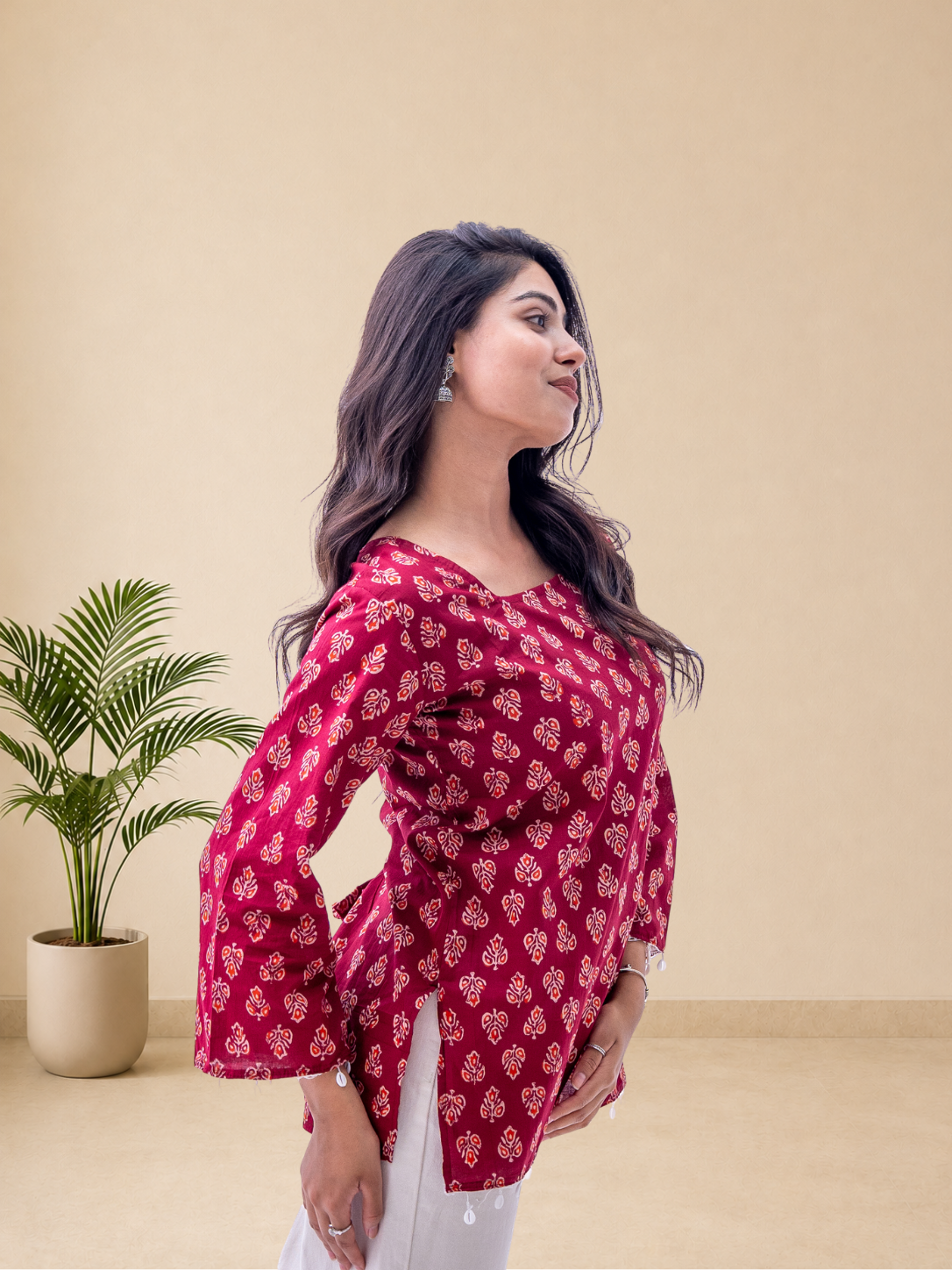 Women's Pure Cotton Maroon Printed Square Neck Top