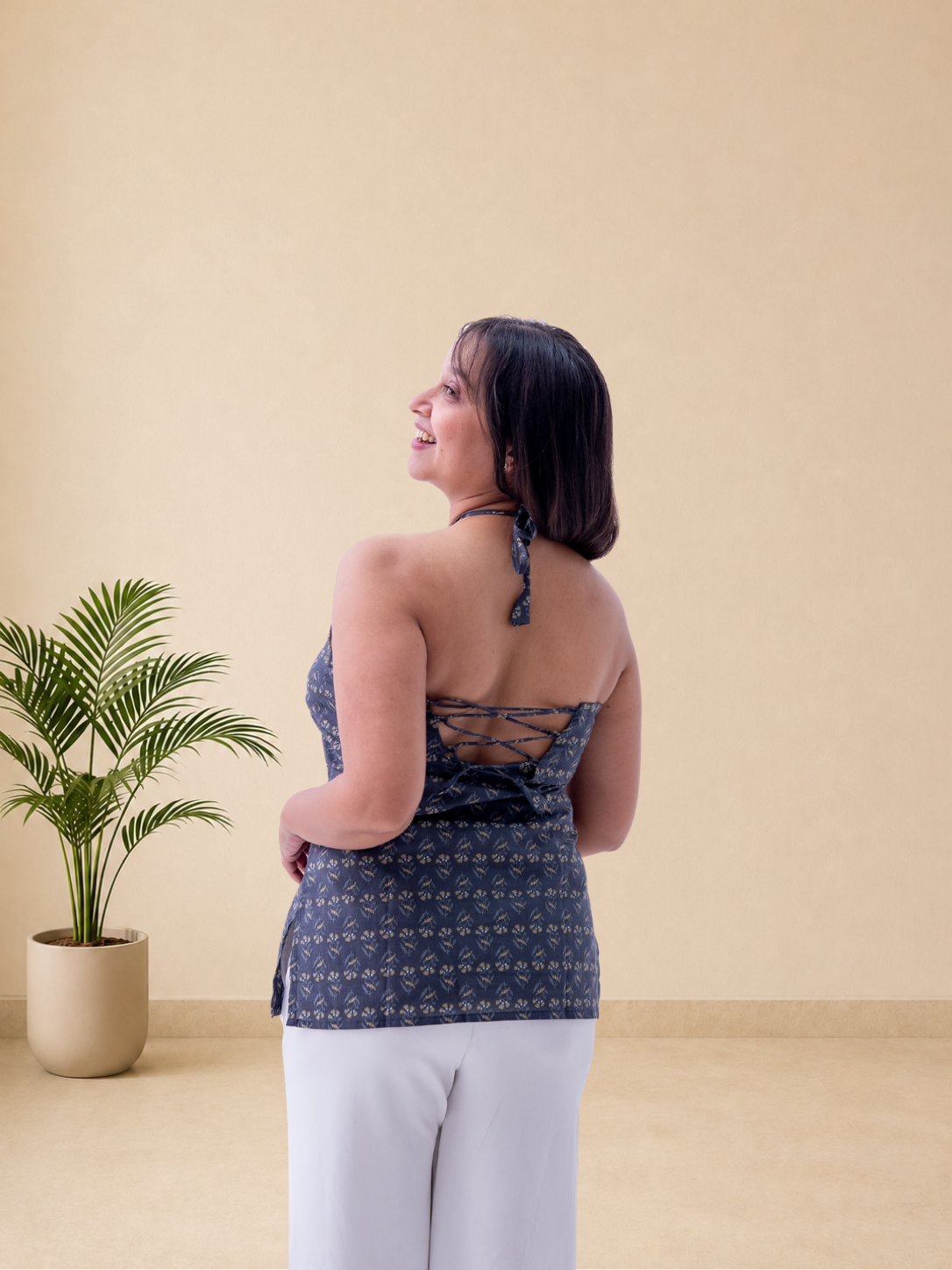 Grey Floral Printed Halter Neck Top