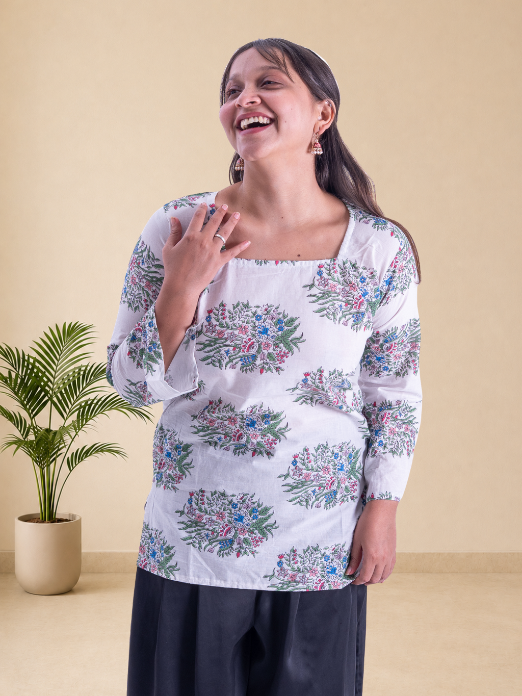 Women's Pure Cotton White Floral Printed Square Neck Top