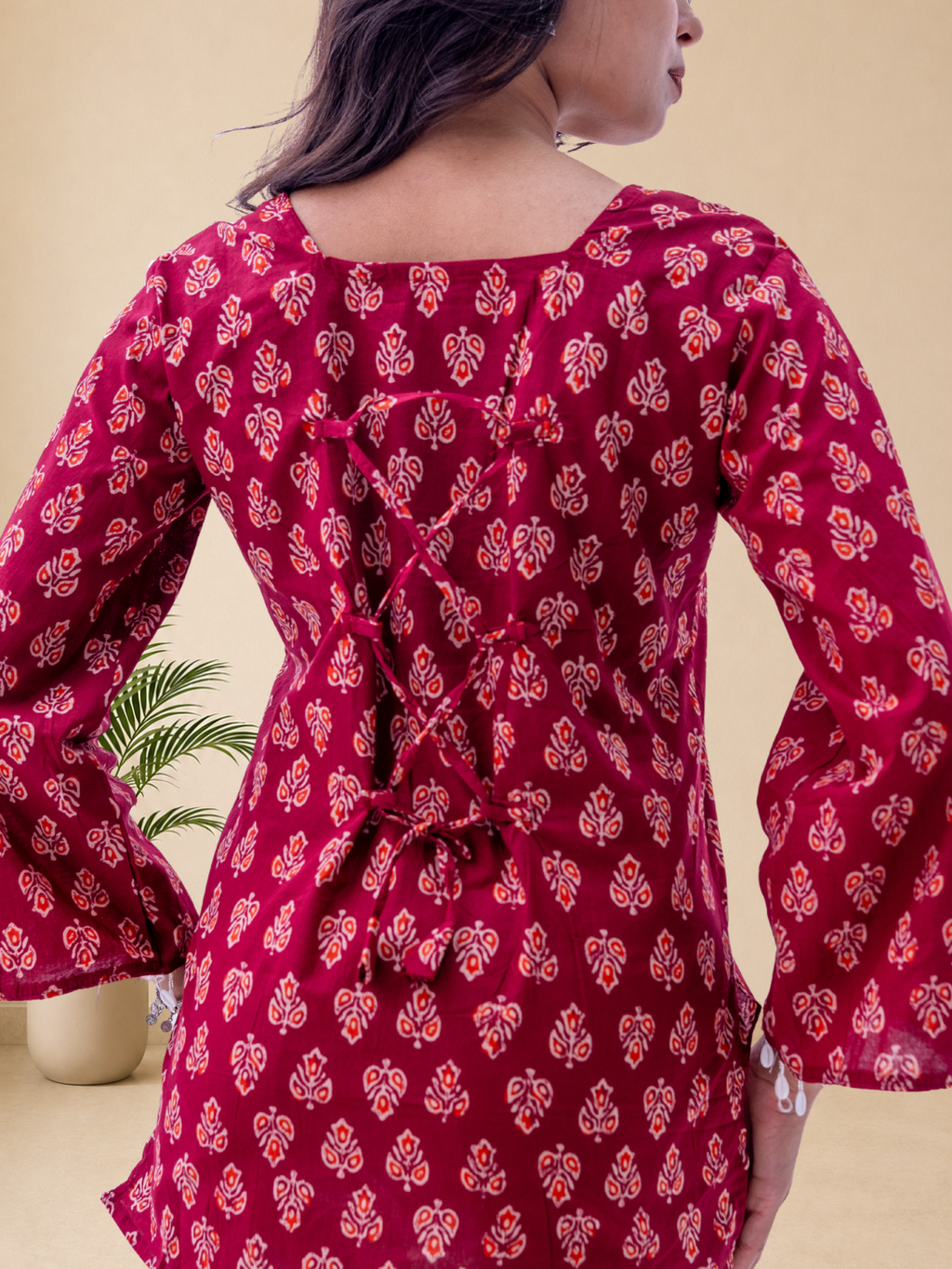 Women's Pure Cotton Maroon Printed Square Neck Top