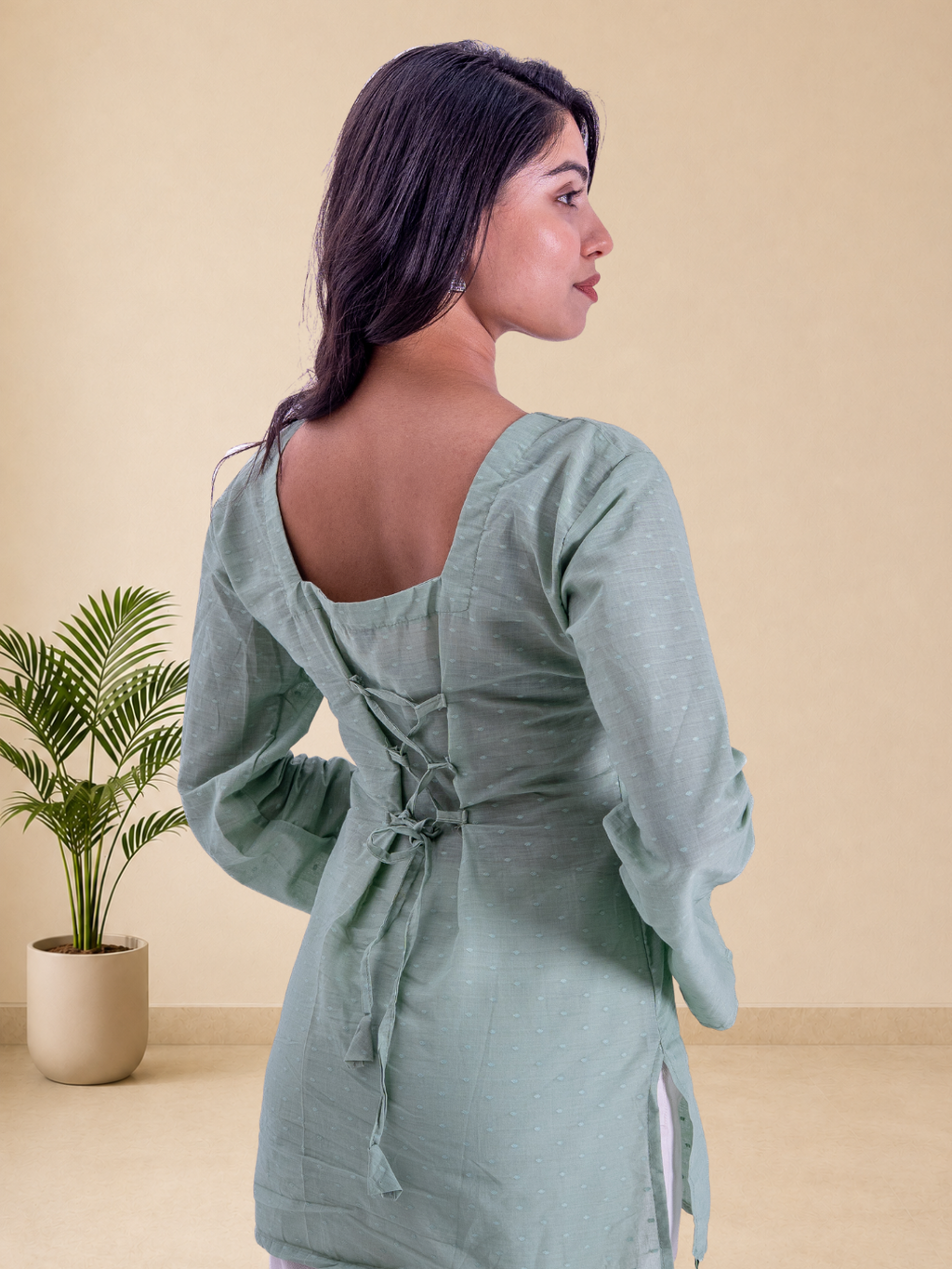 Women's Pure Cotton Sage Green Square Neck Top | Full Sleeves