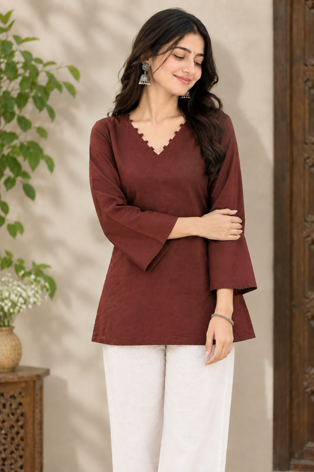 Maroon Solid Kurti with V-Neck & Flared Sleeves – Elegant Casual Wear