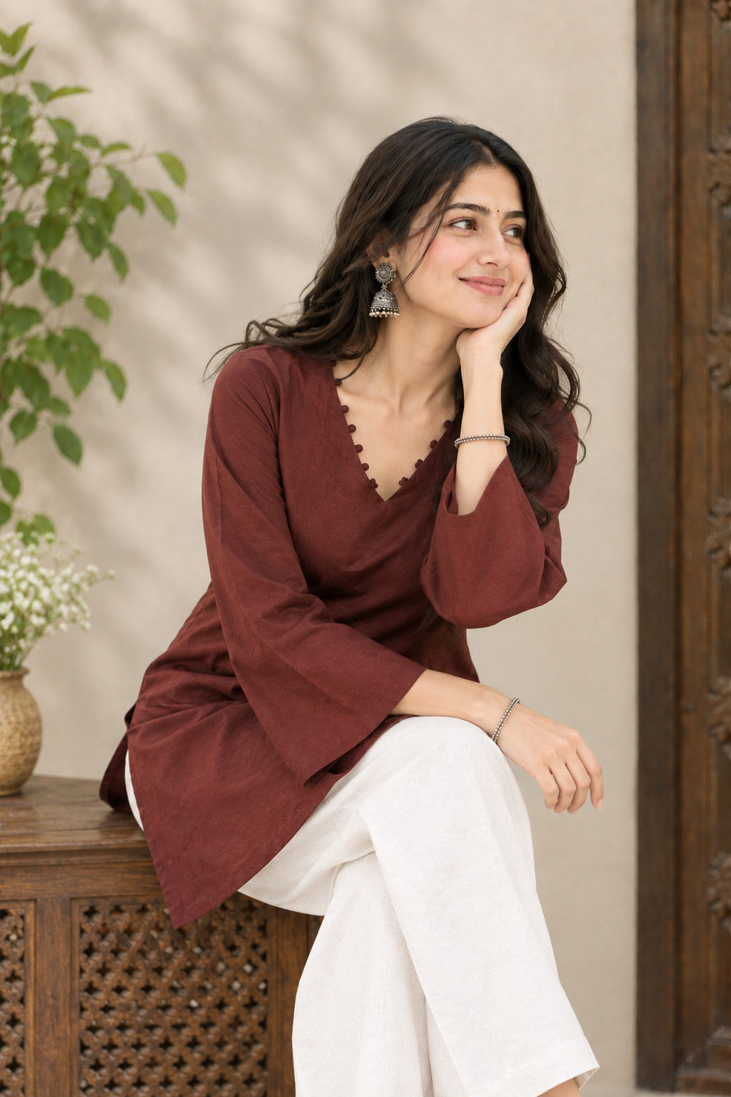 Maroon Solid Kurti with V-Neck & Flared Sleeves – Elegant Casual Wear
