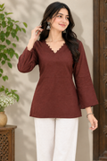 Maroon Solid Kurti with V-Neck & Flared Sleeves – Elegant Casual Wear