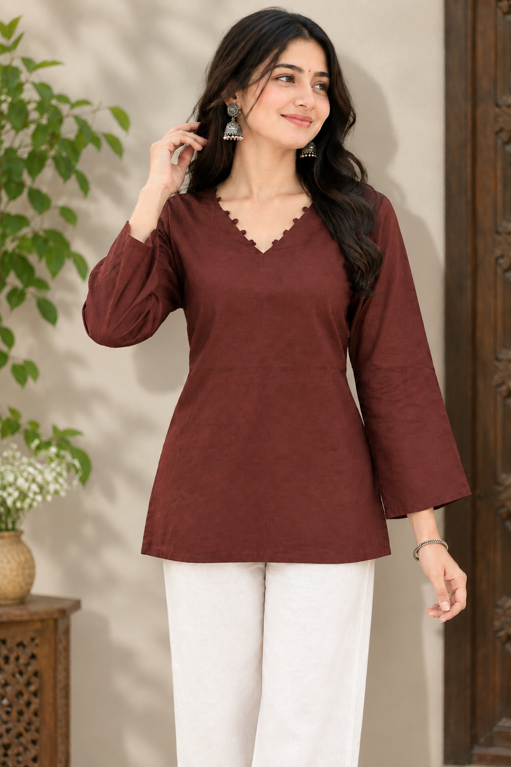 Maroon Solid Kurti with V-Neck & Flared Sleeves – Elegant Casual Wear