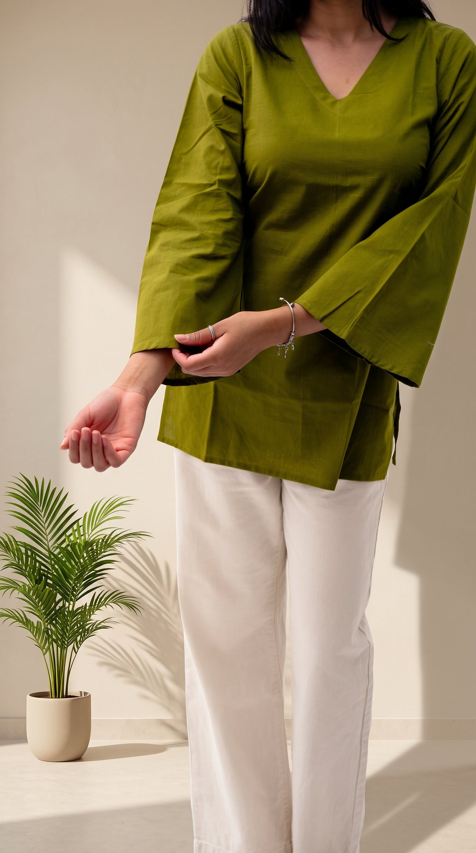 Olive Green Pure Cotton Top | V-Neck | Bell Sleeves