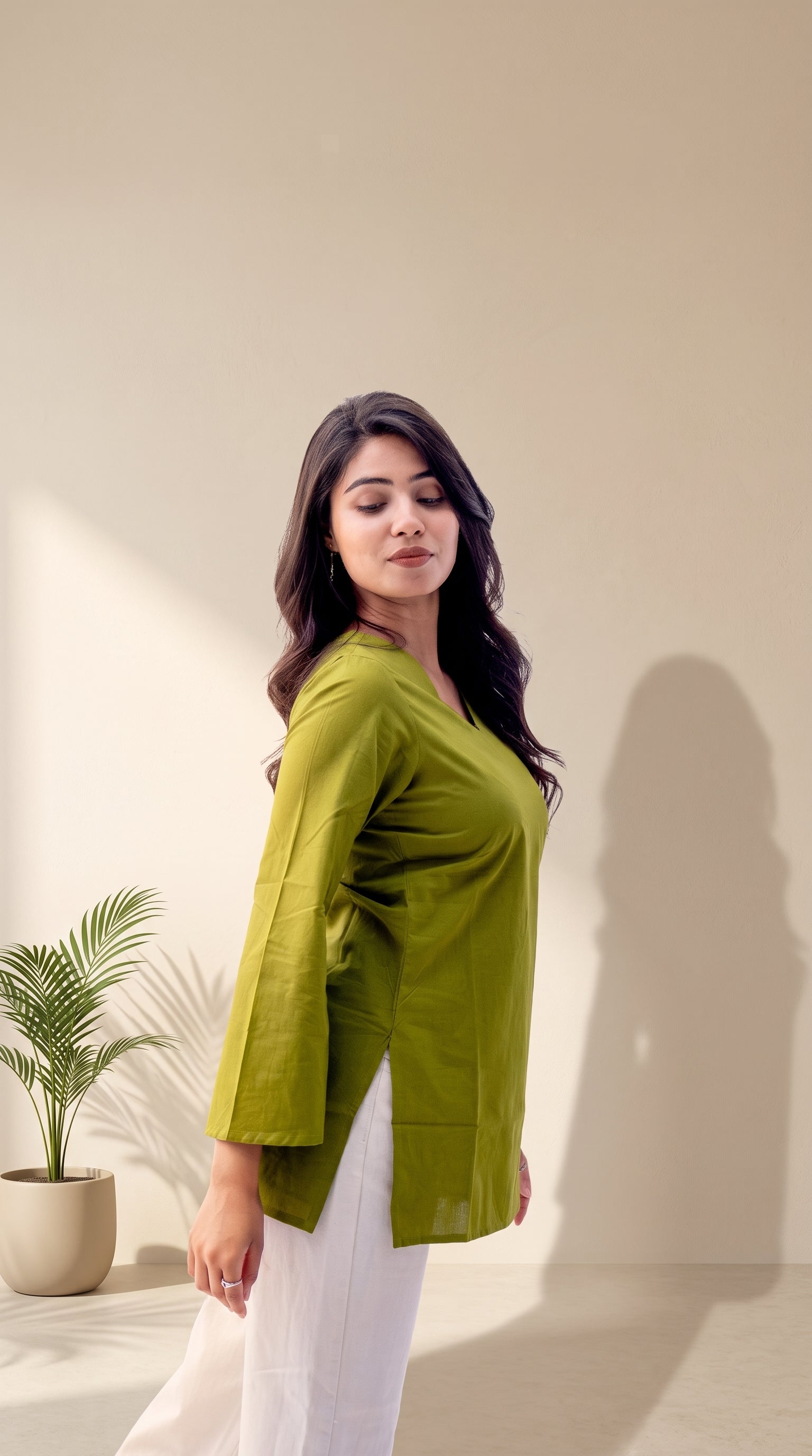Olive Green Pure Cotton Top | V-Neck | Bell Sleeves