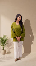 Olive Green Pure Cotton Top | V-Neck | Bell Sleeves