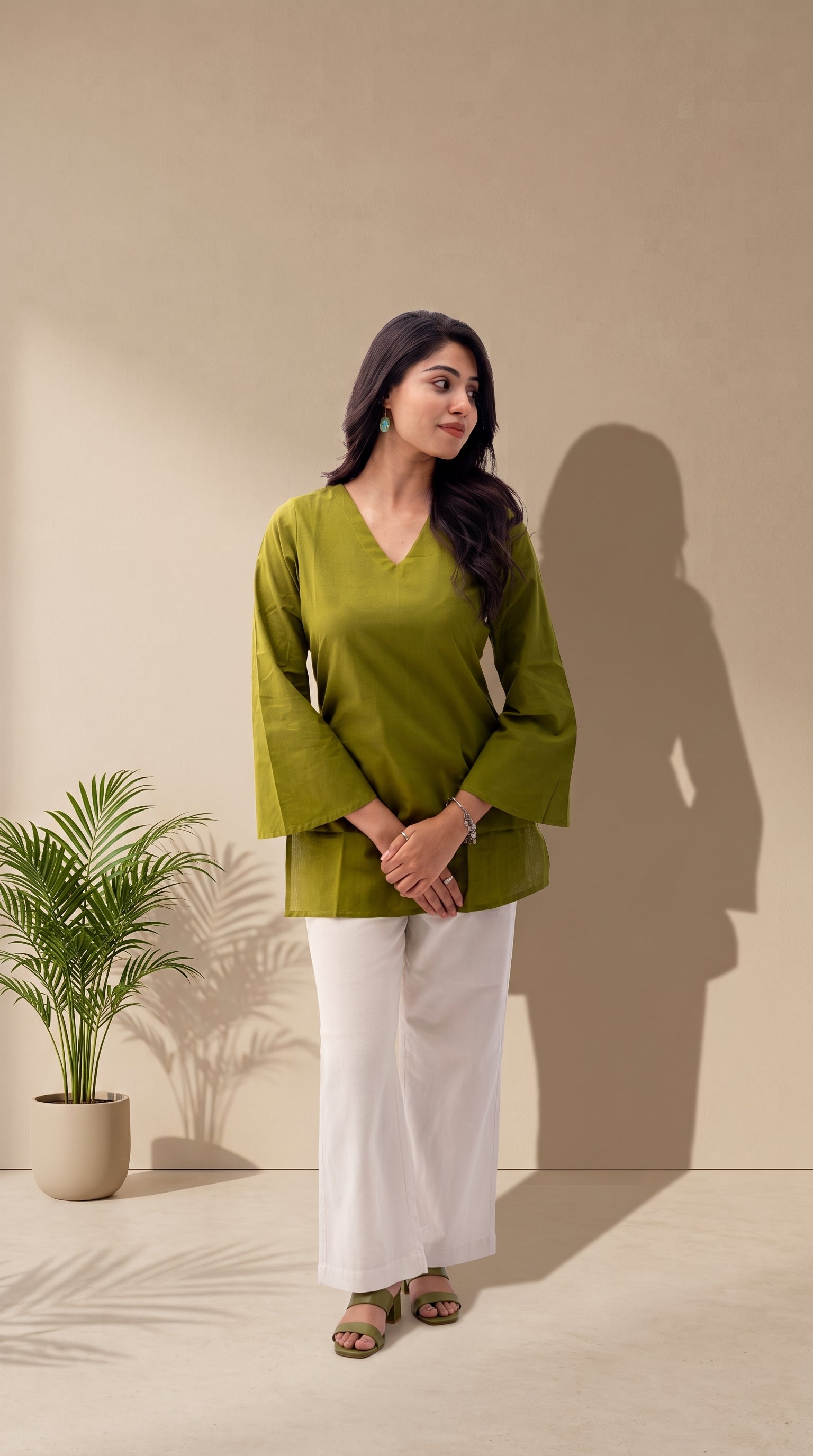 Olive Green Pure Cotton Top | V-Neck | Bell Sleeves