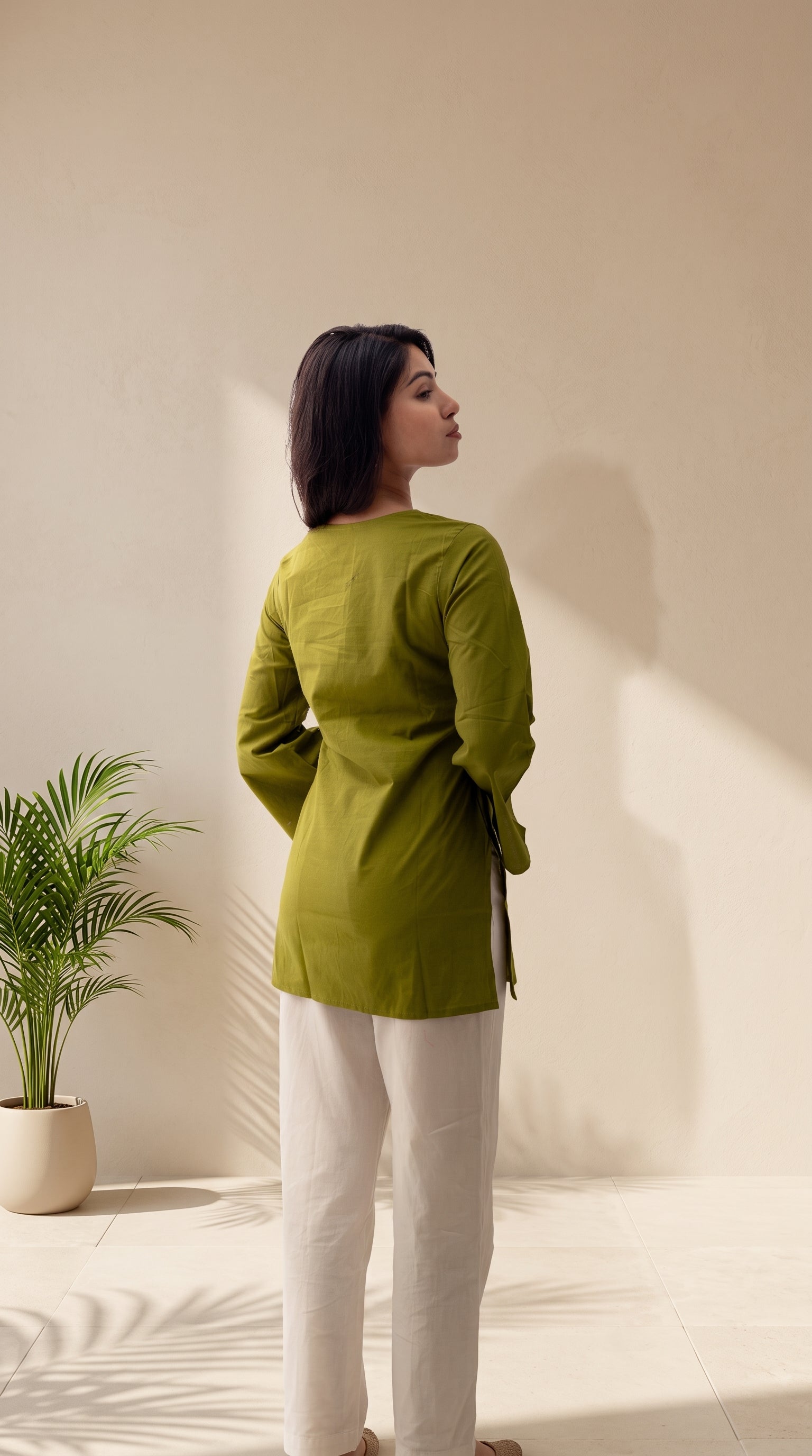 Olive Green Pure Cotton Top | V-Neck | Bell Sleeves
