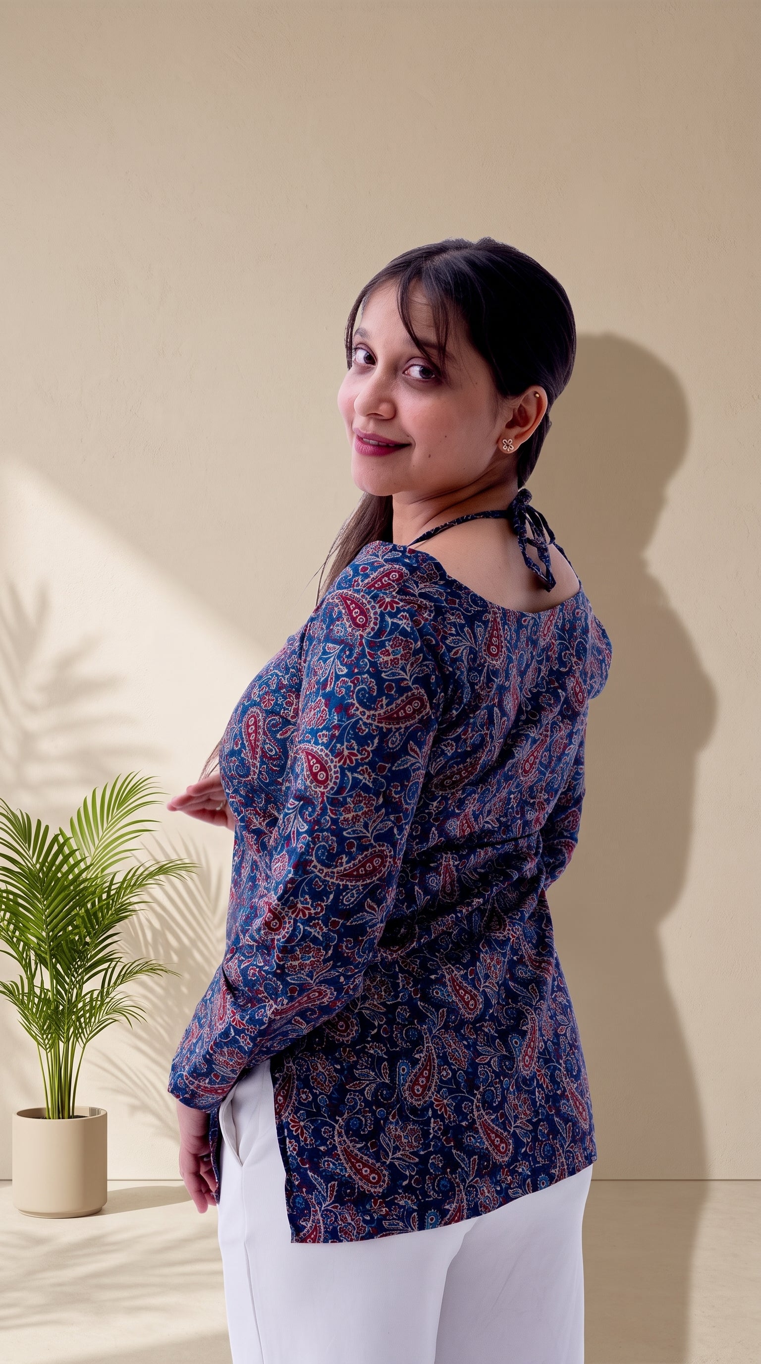 Blue Printed Cotton Top | Cold Shoulder | Full Sleeves