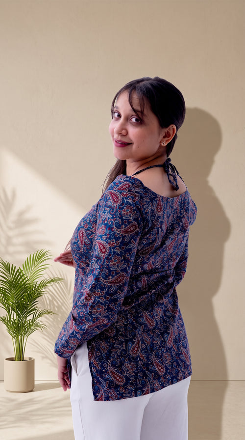Blue Printed Cotton Top | Cold Shoulder | Full Sleeves
