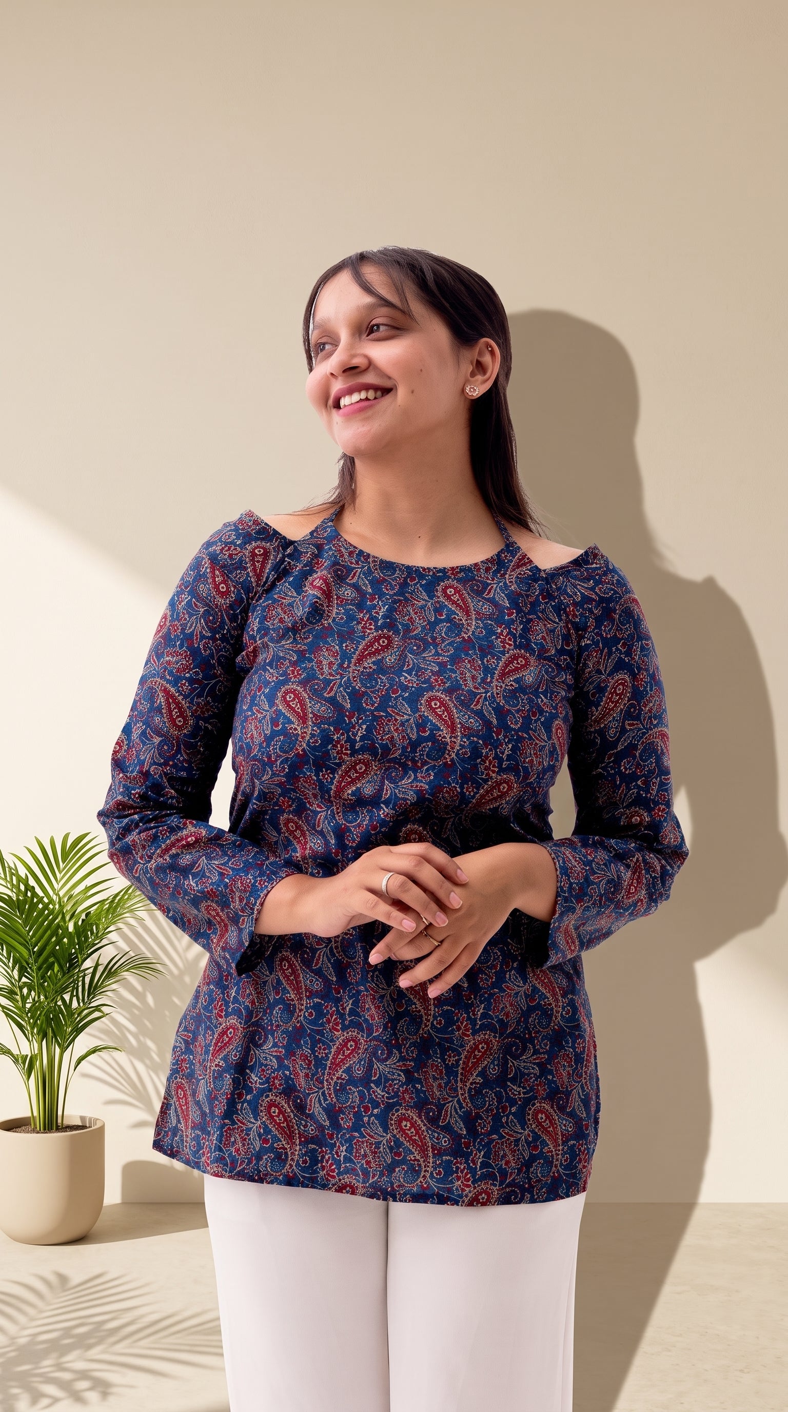 Blue Printed Cotton Top | Cold Shoulder | Full Sleeves