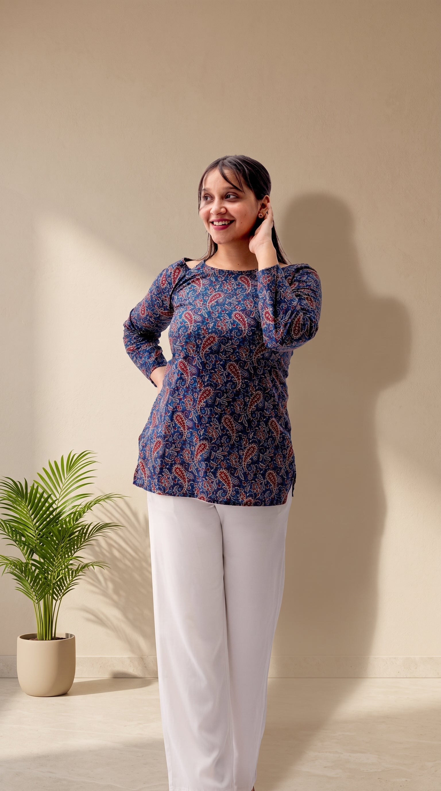 Blue Printed Cotton Top | Cold Shoulder | Full Sleeves
