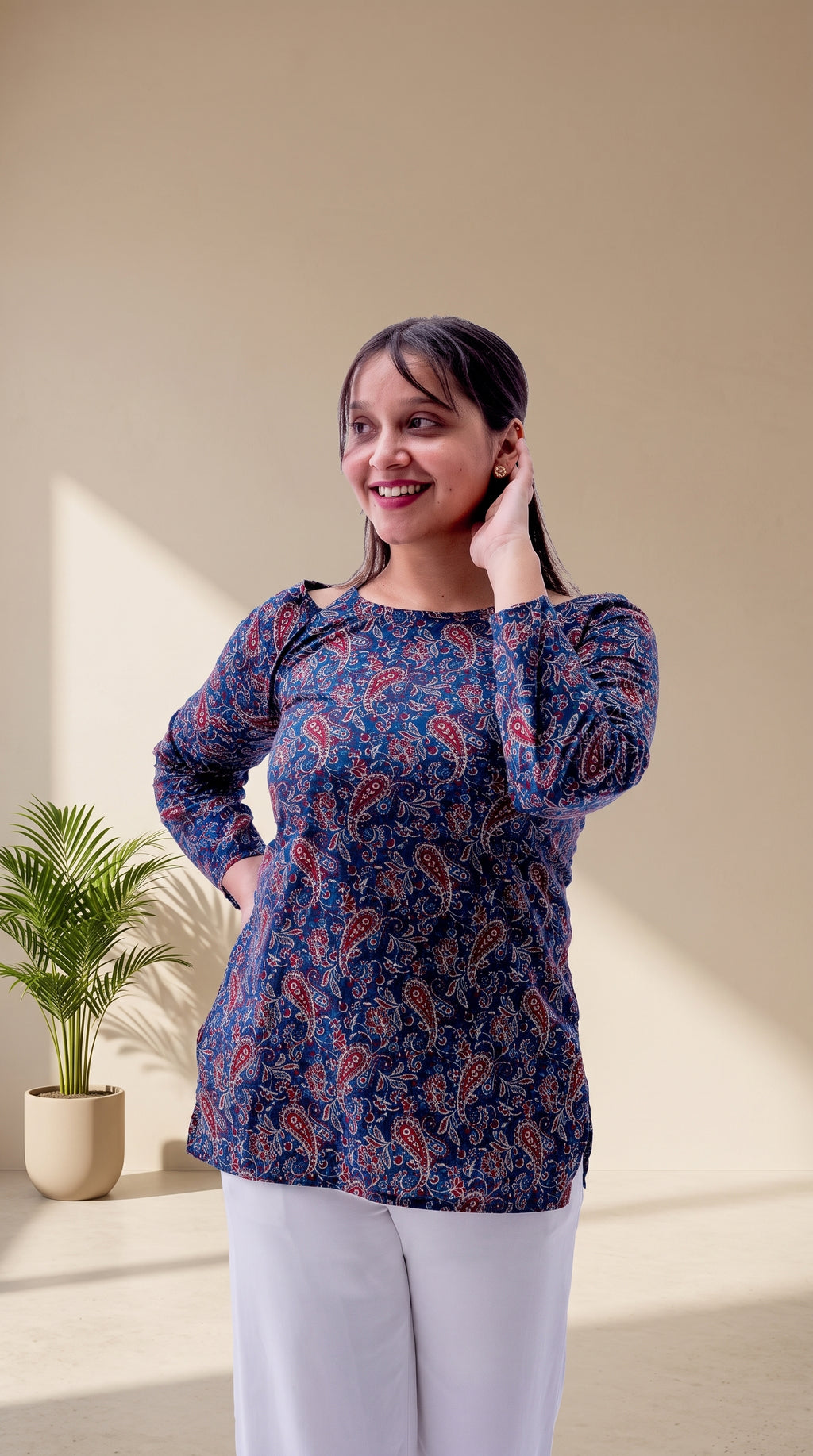 Blue Printed Cotton Top | Cold Shoulder | Full Sleeves