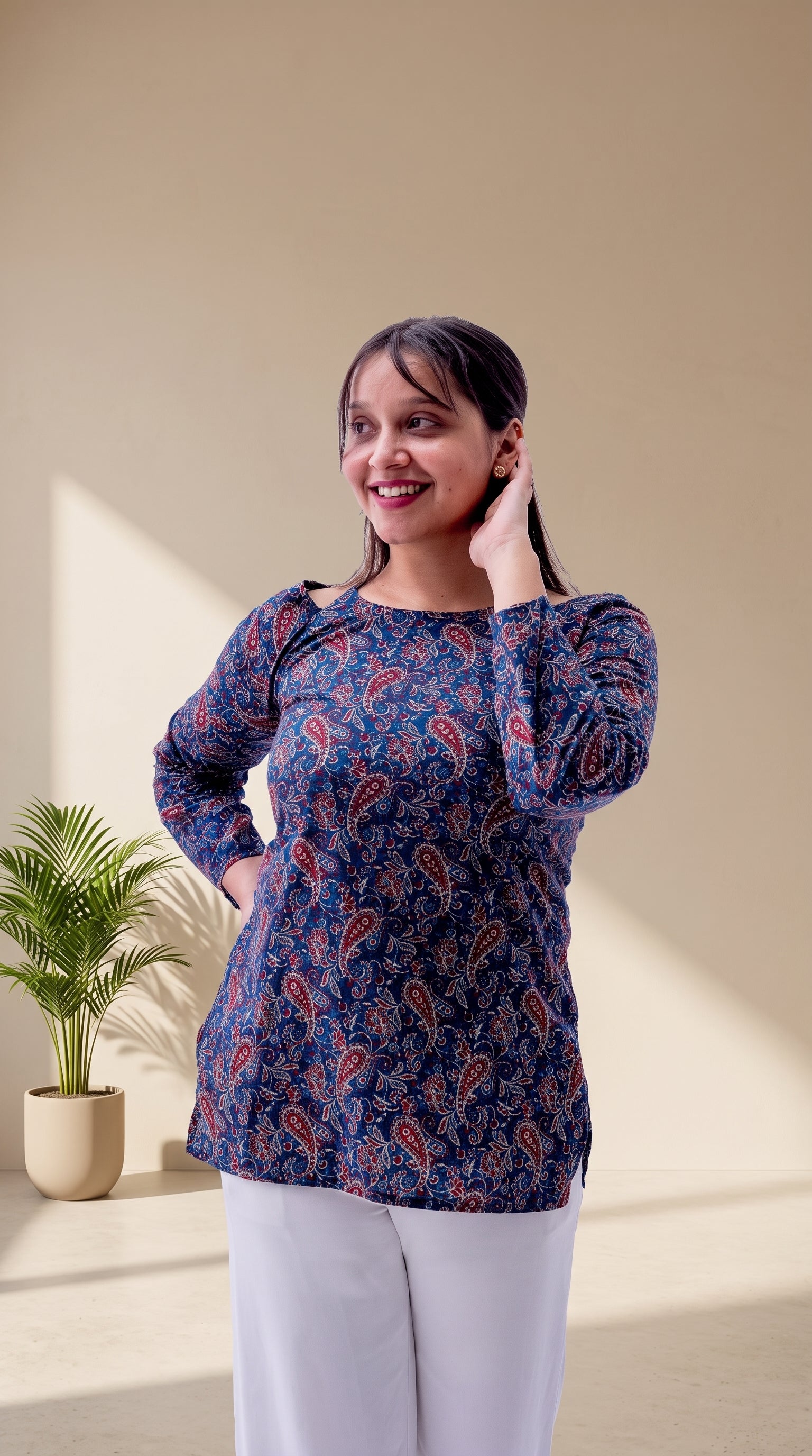 Blue Printed Cotton Top | Cold Shoulder | Full Sleeves