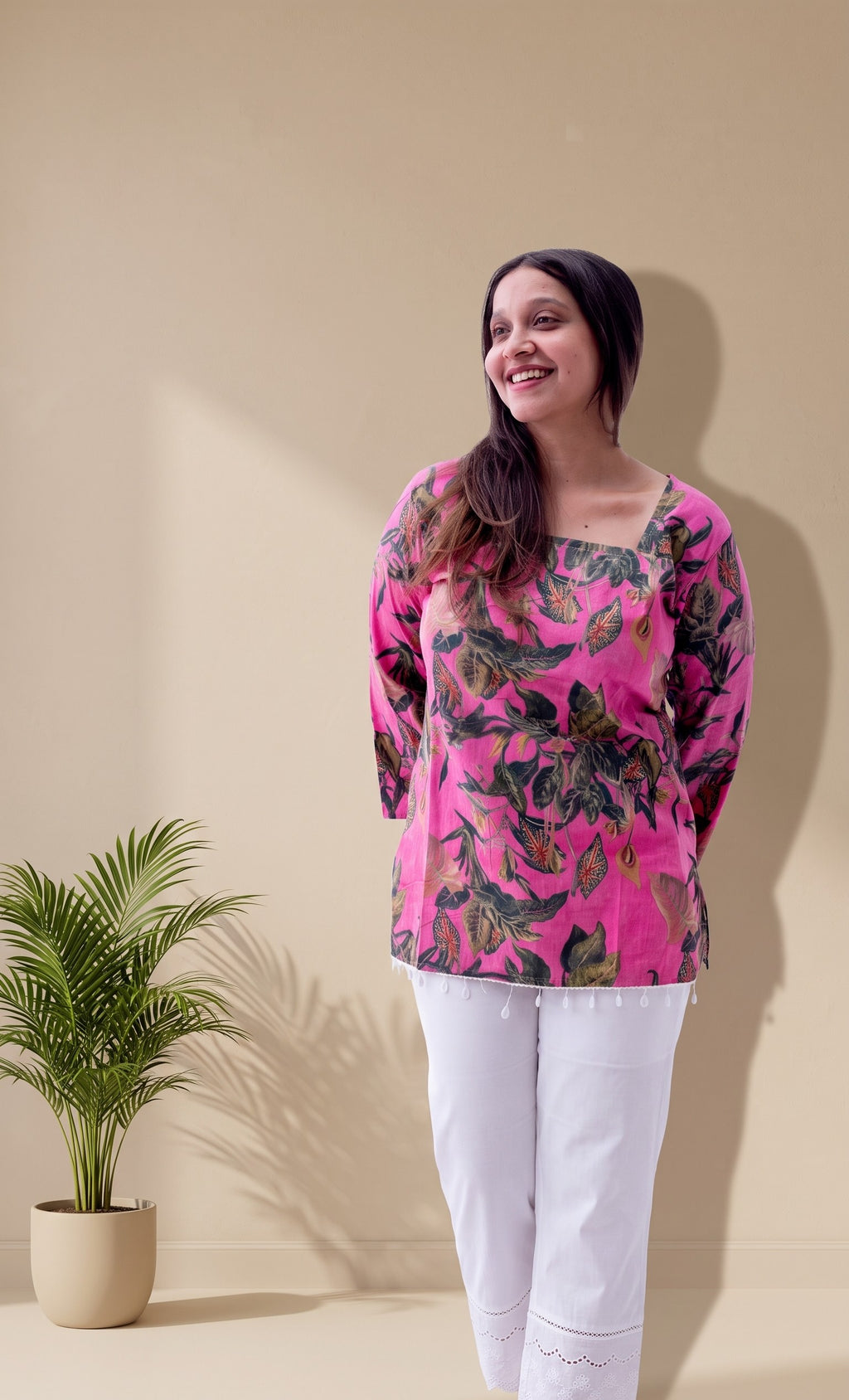Women's Pure Cotton Pink Floral Printed Square Neck Top
