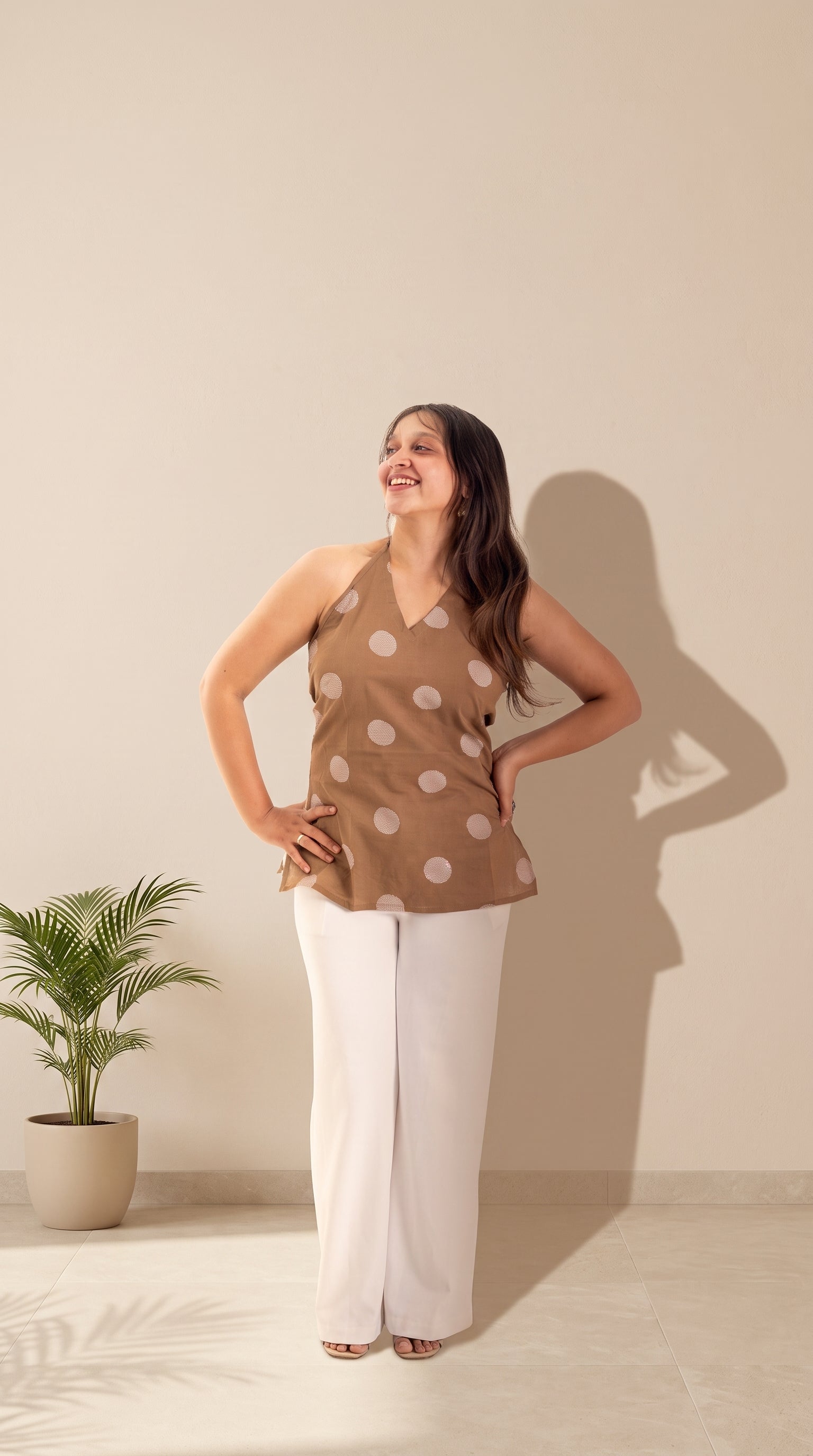 Brown Printed Halter Neck Cotton Top for Women