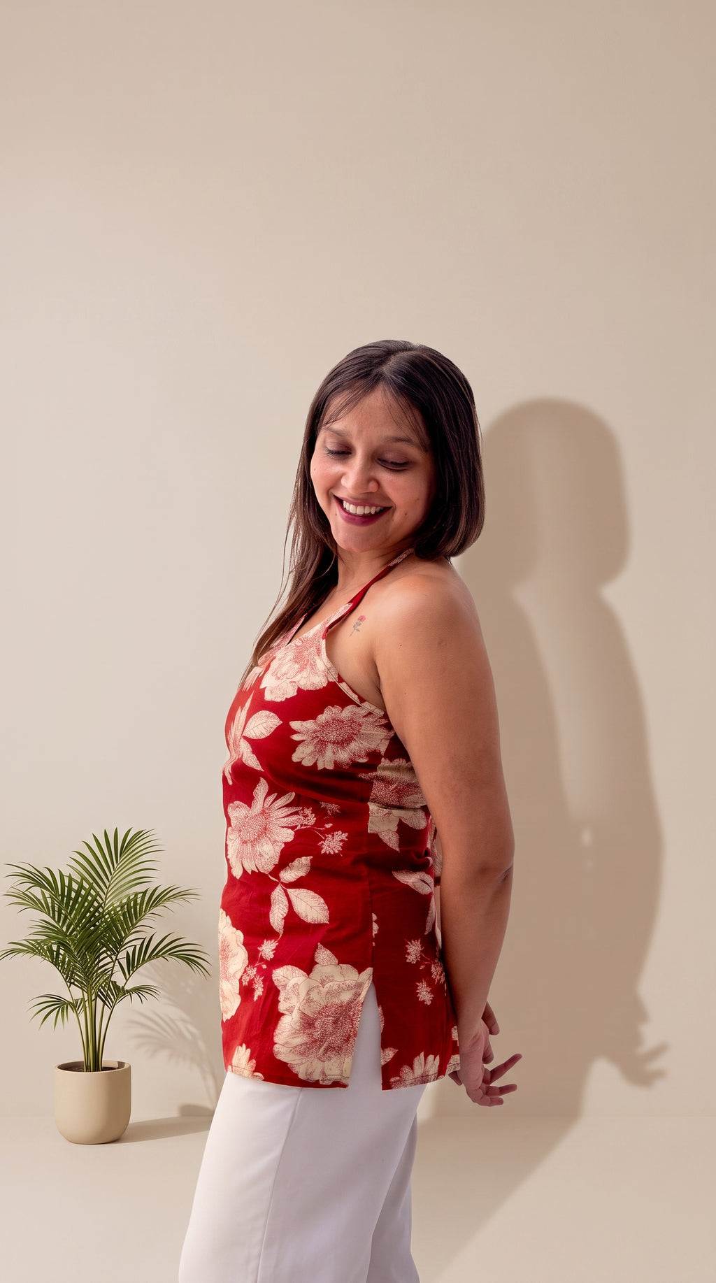 Red Floral Printed Sleeveless Cotton Top for Women