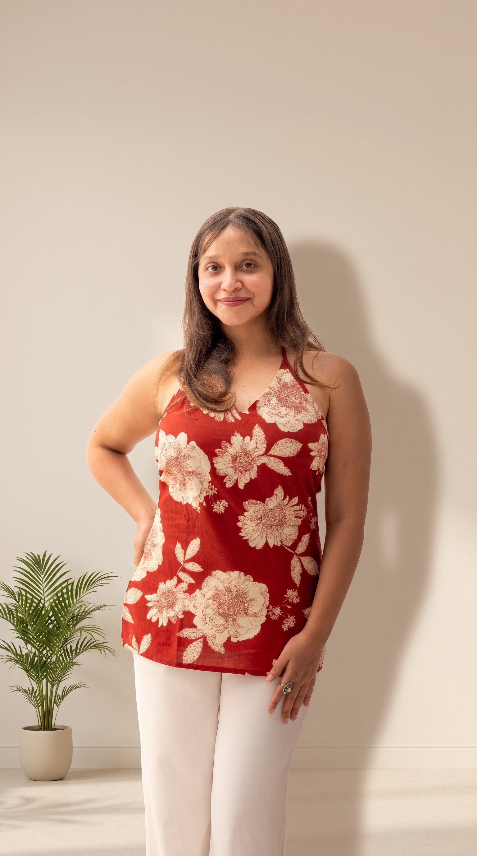 Red Floral Printed Sleeveless Cotton Top for Women