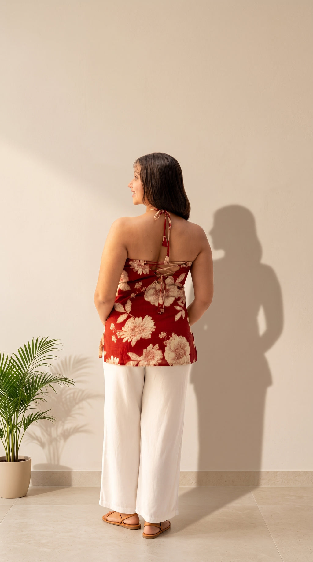 Red Floral Printed Sleeveless Cotton Top for Women
