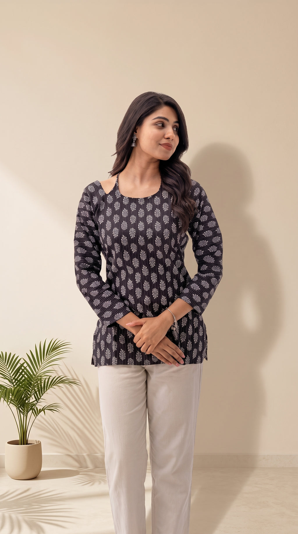 Women's Pure Cotton Ethnic Print Cold Shoulder Top