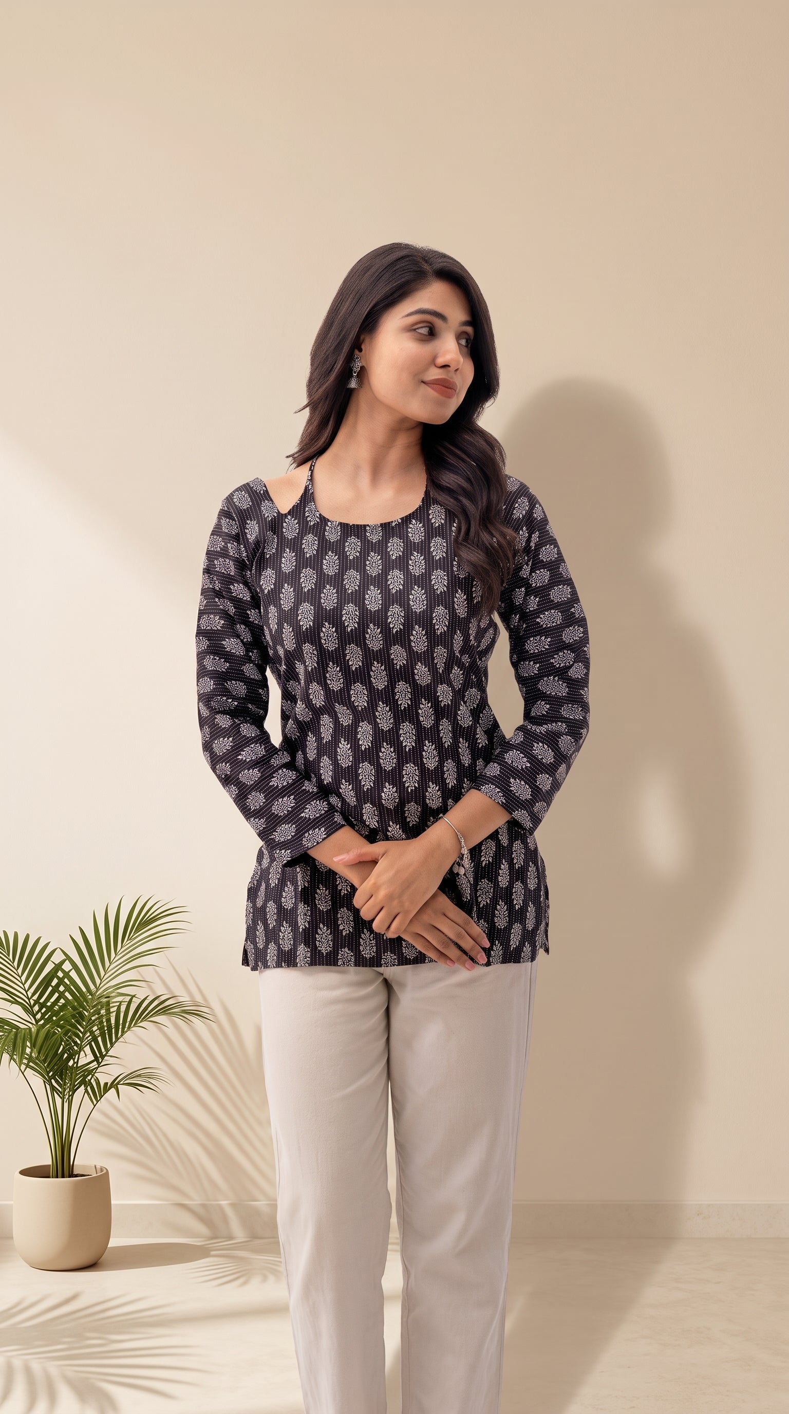 Women's Pure Cotton Ethnic Print Cold Shoulder Top