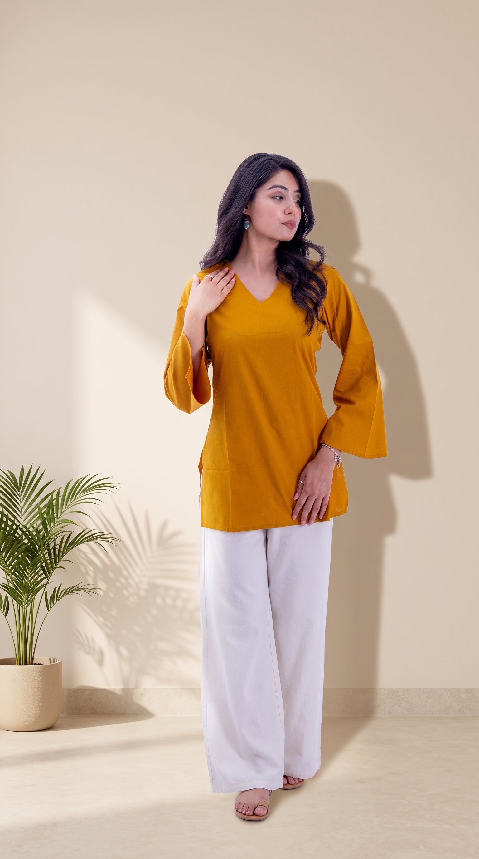 Women's Solid Mustard Cotton Top | Bell Sleeves