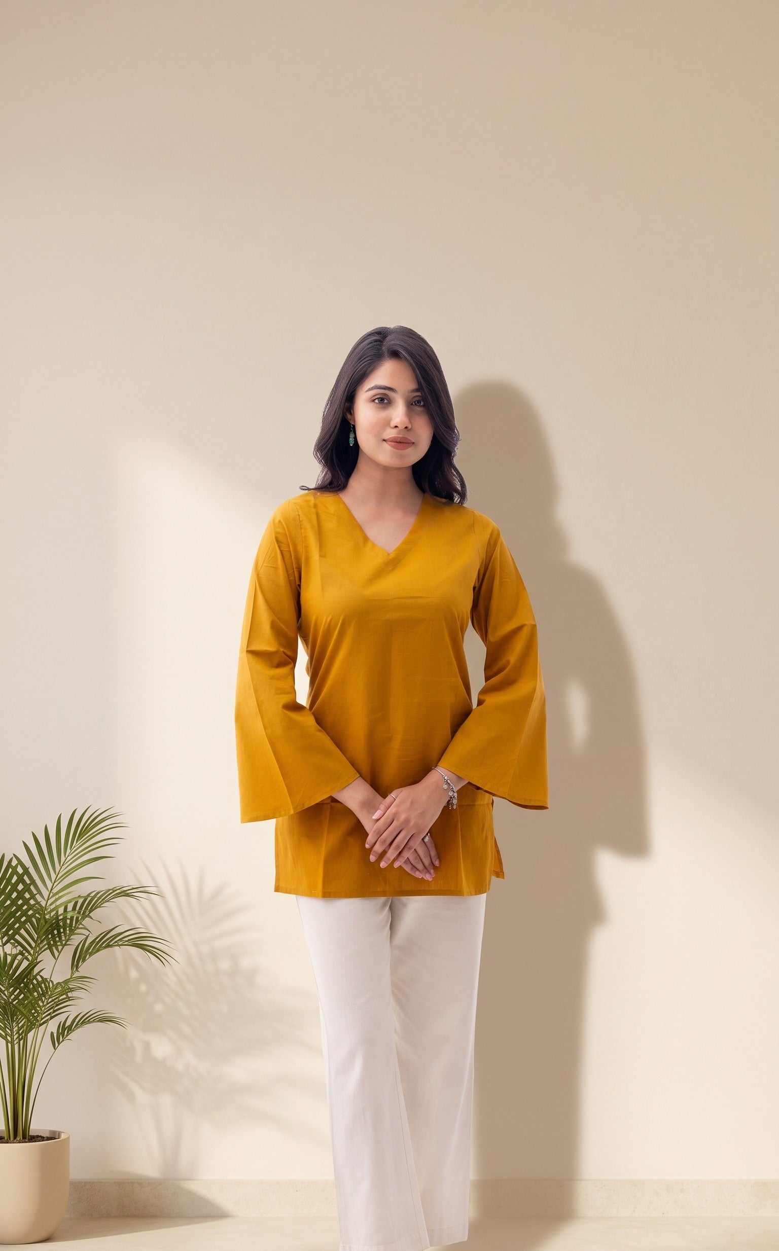 Women's Solid Mustard Cotton Top | Bell Sleeves