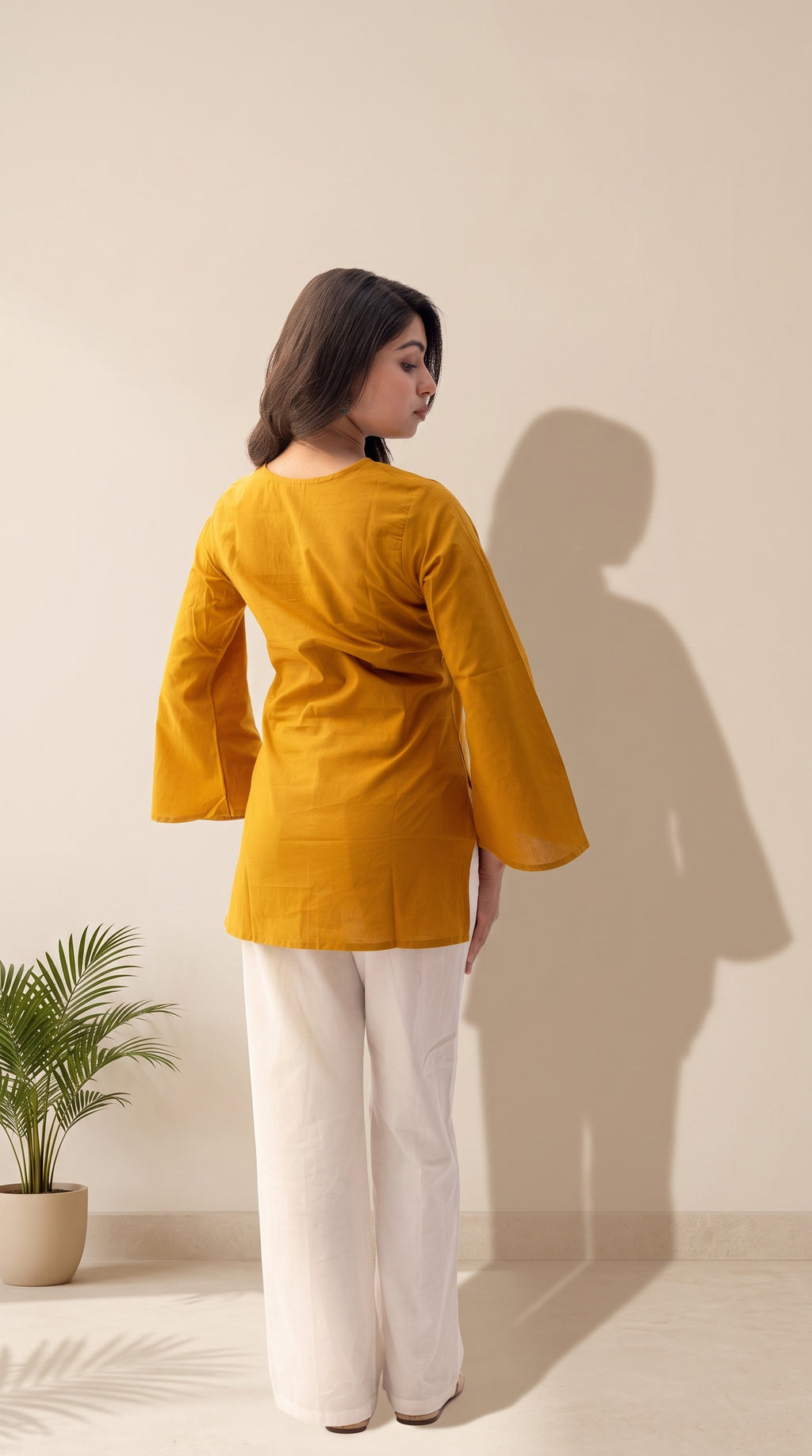 Women's Solid Mustard Cotton Top | Bell Sleeves