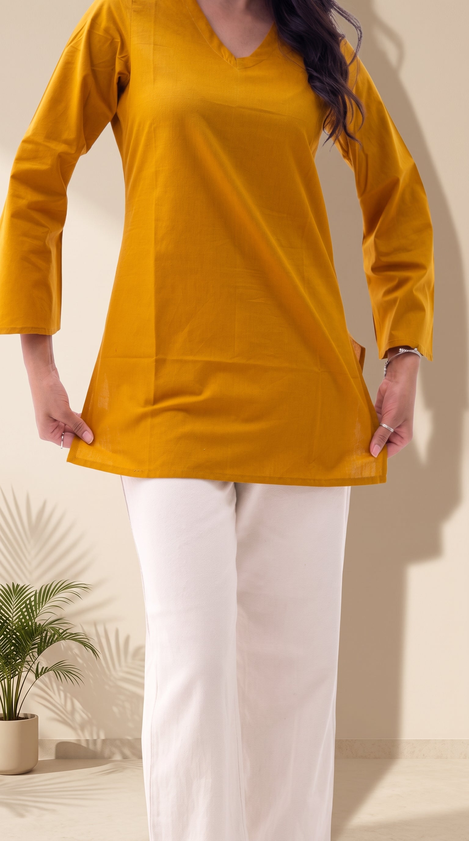 Women's Solid Mustard Cotton Top | Bell Sleeves