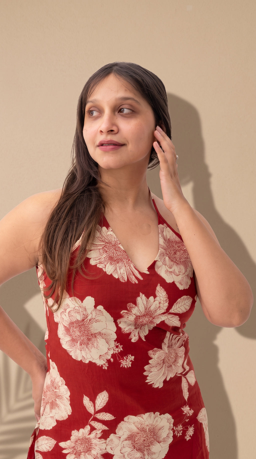 Red Floral Printed Sleeveless Cotton Top for Women