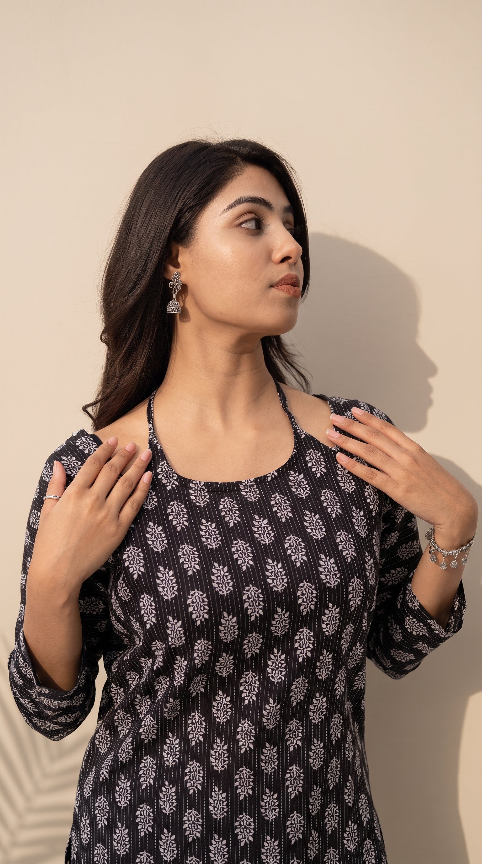 Women's Pure Cotton Ethnic Print Cold Shoulder Top