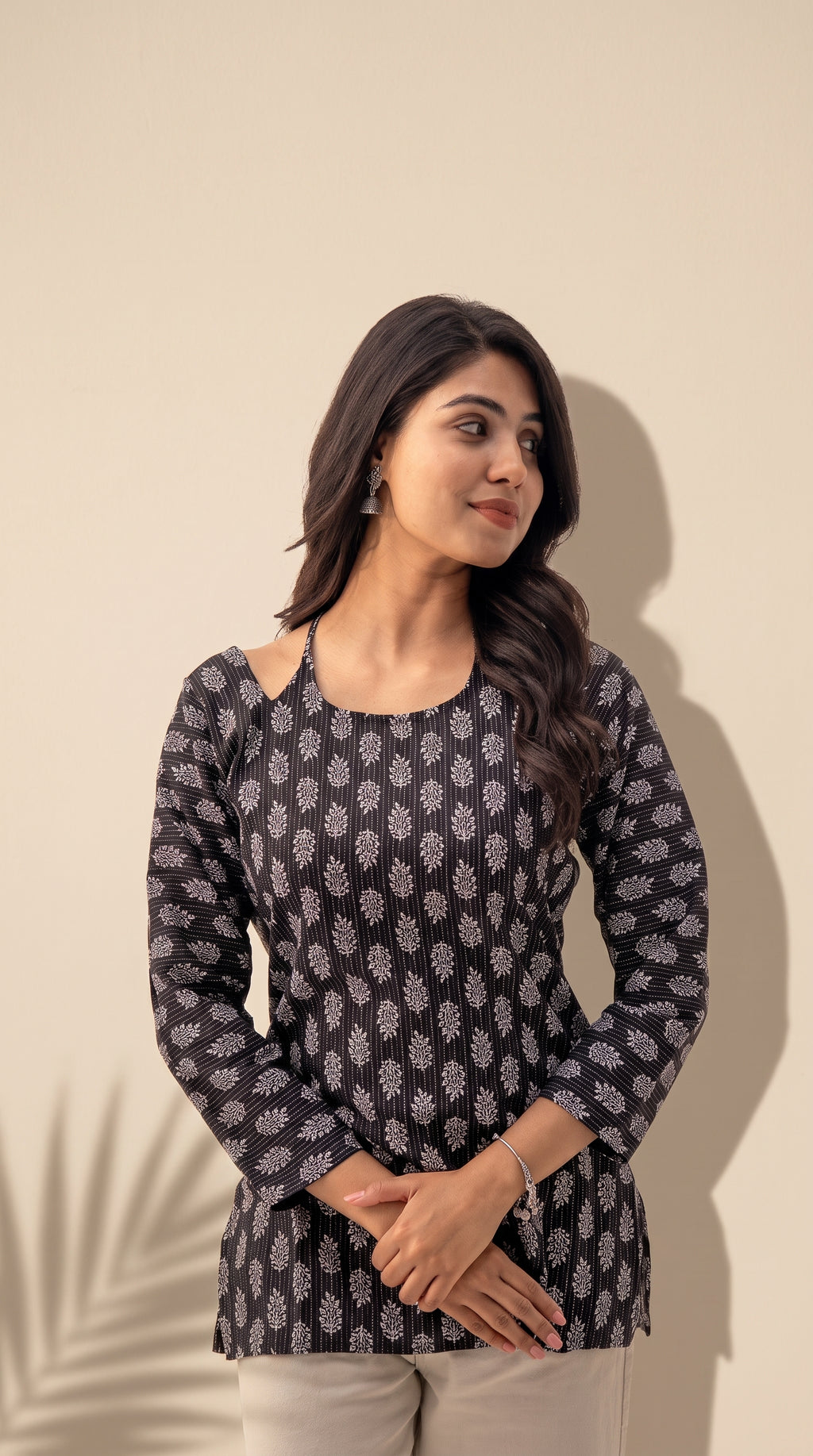 Women's Pure Cotton Ethnic Print Cold Shoulder Top